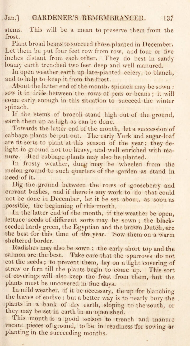 stems. This will be a mean to preserve them from the frost. Plant broad beans to succeed those planted in December. Let them be put four feet row from row, and four or five inches distant from each other. They do best in sandy loamy earth trenched two feet deep and well manured. In open weather earth up late-planted celery, to blanch* and to help to keep it from the frost. About the latter end of the month, spinach may be sown : sow it in drills between the rows of peas or beans ; it will come early enough in this situation to succeed the winter spinach. II the stems of brocoli stand high out of the ground, earth them up as high as can be done. Towards the latter end of the month, let a succession of cabbage plants be put out. The early York and sugar-loaf are fit sorts to plant at this season of the year; they de¬ light in ground not too heavy, and well enriched with ma¬ nure. Red cabbage plants may also be planted. In frosty weather, dung may be wheeled from the melon ground to such quarters of the garden as stand in need of it. Dig the ground between the rows of gooseberry and currant bushes, and if there is any work to do that could not be done in December, let it be set about, as soon as possible, the beginning of this month. In the latter end ol the month, if the weather be open, lettuce seeds of different sorts may be sown ; the black- seeded hardy green, the Egyptian and the brown Dutch, are the best for this time of tire year. Sow them on a warm sheltered border. Radishes may also be sown ; the early short top and the salmon are the best. Take care that the sparrows do not eat the seeds ; to prevent them, lay on a light covering of straw or fern till the plants begin to come up. This sort of coverings will also keep the frost from them, but the plants must be uncovered in fine days. In mild weather, if it be necessary, tie up for blanching the leaves of endive ; but a better way is to nearly bury the plants in a bank of dry earth, sloping to the south, or they may be set in earth in an open shed. Ibis month is a good season to trench and manure vacant pieces of ground, to be in readiness for sowing «r planting in the succeeding months.