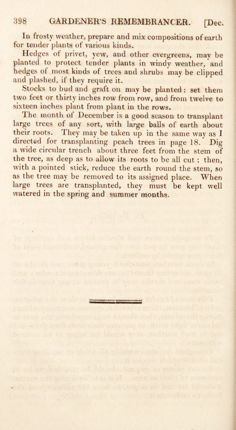 In frosty weather, prepare and mix compositions of earth for tender plants of various kinds. Hedges of privet, yew, and other evergreens, may be planted to protect tender plants in windy weather, and hedges ot most kinds of trees and shrubs may be clipped and plashed, if they require it. Stocks to bud and graft on may be planted: set them two feet or thirty inches row from row, and from twelve to sixteen inches plant from plant in the rows. The month of December is a good season to transplant large trees of any sort, with large balls of earth about their roots. They may be taken up in the same way as I directed for transplanting peach trees in page 18.* Dig a wide circular trench about three feet from the stem of the tree, as deep as to allow its roots to be all cut; then, with a pointed stick, reduce the earth round the stem, so as the tree may be removed to its assigned place. When large trees are transplanted, they must be kept well watered in the spring and summer months.