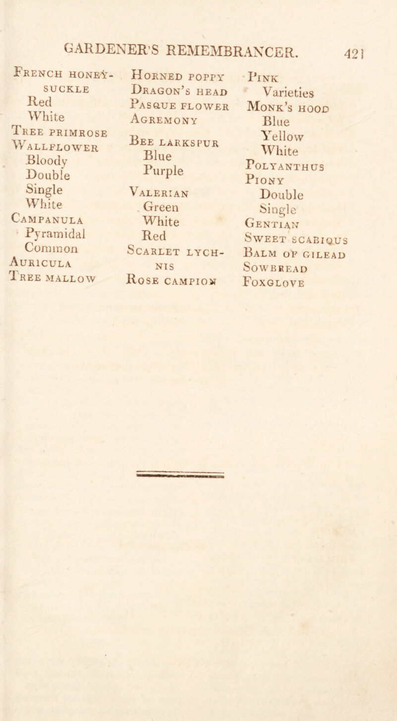42! French honey¬ suckle Red White Tree primrose Wallflower .Bloody Double Single White Campanula Pyramidal Common Auricula Tree mallow Horned poppy Dragon’s head Pa ssue flower Agremony Bee LARKSPUR Blue Purple Valerian Green White Red Scarlet lych¬ nis Ro SE CAMPION Pink Varieties Monk’s hood Blue Yellow White Polyanthus Piony Double Single Gentian Sweet scabious Balm of gilead Sowbread Foxglove