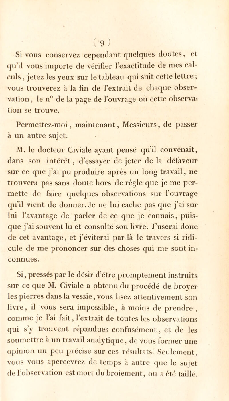 Si vous conservez cependant quelques doutes, et qu’il vous importe de vérifier l’exactitude de mes cal- culs, jetez les yeux sur le tableau qui suit celte lettre; vous trouverez à la fin de l’extrait de chaque obser- vation, le n° de la page de l’ouvrage où cette observa* tion se trouve. Permettez-moi, maintenant, Messieurs, de passer à un autre sujet. M. le docteur Civiale ayant pensé qu’il convenait, dans son intérêt, d’essayer de jeter de la défaveur sur ce que j’ai pu produire après un long travail, ne trouvera pas sans doute hors de règle que je me per- mette de faire quelques observations sur l’ouvrage qu’il vient de donner. Je ne lui cache pas que j’ai sur lui l’avantage de parler de ce que je connais, puis- que j’ai souvent lu et consulté son livre. J’userai donc de cet avantage, et j’éviterai par-là le travers si ridi- cule de me prononcer sur des choses qui me sont in- connues. Si, pressés par le désir d’être promptement instruits sur ce que M. Civiale a obtenu du procédé de broyer les pierres dans la vessie, vous lisez attentivement son livre, il vous sera impossible, à moins de prendre , comme je l’ai fait, l’extrait de toutes les observations qui s’y trouvent répandues confusément, et de les soumettre à un travail analytique, de vous former une opinion un peu précise sur ces résultats. Seulement, vous vous apercevrez de temps à autre que le sujet de l’observation est mort du broiement, ou a été taillé.