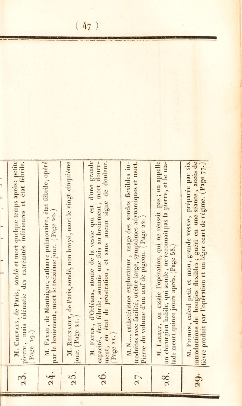 M. Fichon, calcul petit et mou, grande vessie, préparée par six introductions de bougies flexibles ; guéri en une séance , accès de fièvre produit par l’opération et un léger écart de régime. (Page 77.)