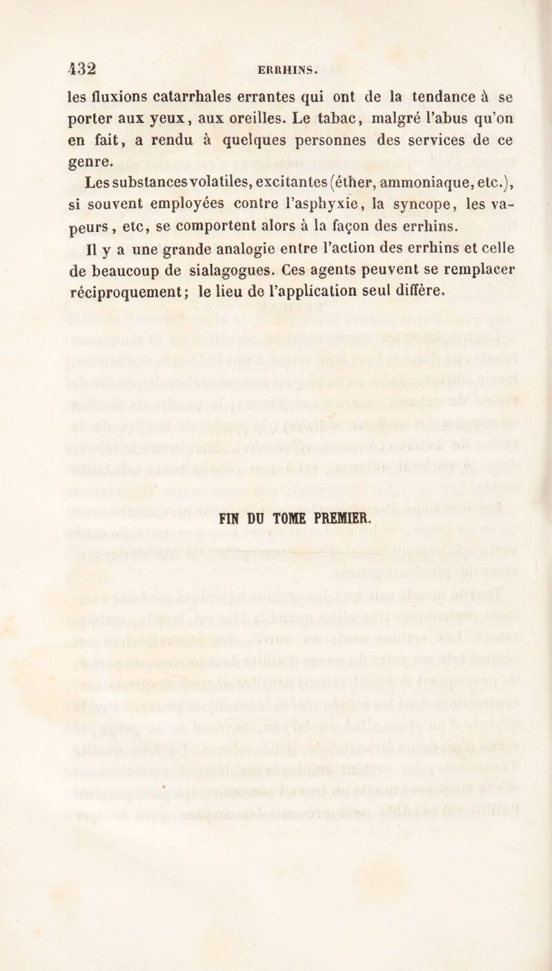 les fluxions catarrhales errantes qui ont de la tendance à se porter aux yeux, aux oreilles. Le tabac, malgré l’abus qu’on en fait, a rendu à quelques personnes des services de ce genre. Les substances volatiles, excitantes (éther, ammoniaque, etc.), si souvent employées contre l’asphyxie, la syncope, les va- peurs , etc, se comportent alors à la façon des errhins. Il y a une grande analogie entre l’action des errhins et celle de beaucoup de sialagogues. Ces agents peuvent se remplacer réciproquement; le lieu de l’application seul diffère. FIN DU TOME PREMIER.