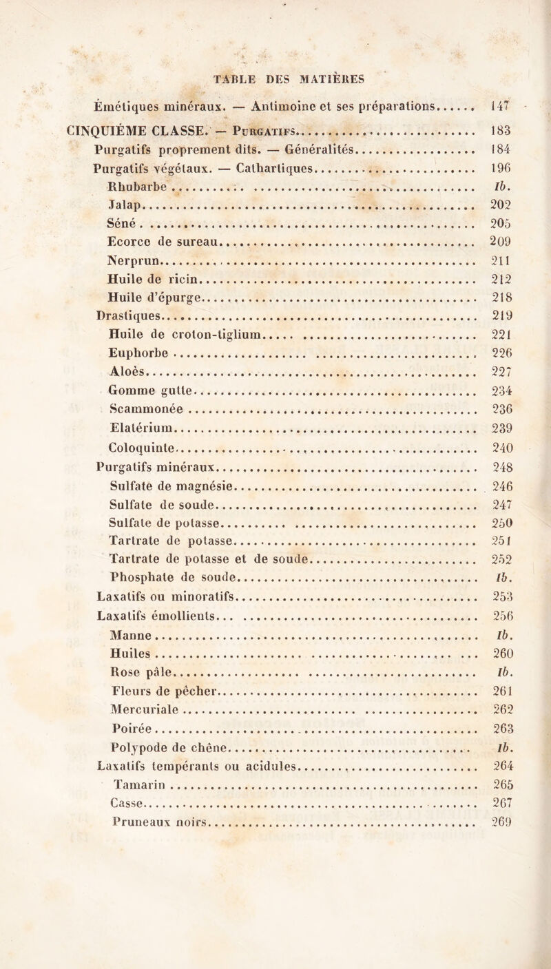 Émétiques minéraux. — Antimoine et ses préparations...... 147 CINQUIÈME CLASSE. - Purgatifs 183 Purgatifs proprement dits. — Généralités 184 Purgatifs végétaux. — Cathartiques 196 Rhubarbe Ib. Jalap 202 Séné 205 Ecorce de sureau 209 Nerprun 211 Huile de ricin 212 Huile d’épurge 218 Drastiques 219 Huile de croton-tiglium 221 Euphorbe 226 Aloès 227 Gomme gutte 234 Scammonée 236 Elatérium 239 Coloquinte 240 Purgatifs minéraux 248 Sulfate de magnésie 246 Sulfate de soude 247 Sulfate de potasse 250 Tartrate de potasse 251 Tartrate de potasse et de soude 252 Phosphate de soude Ib. Laxatifs ou minoratifs 253 Laxatifs émollients 256 Manne Ib. Huiles 260 Rose pâle Ib. Fleurs de pêcher 261 Mercuriale 262 Poirée 263 Polypode de chêne. Ib. Laxatifs tempérants ou acidulés 264 Tamarin 265 Casse 267 Pruneaux noirs 269