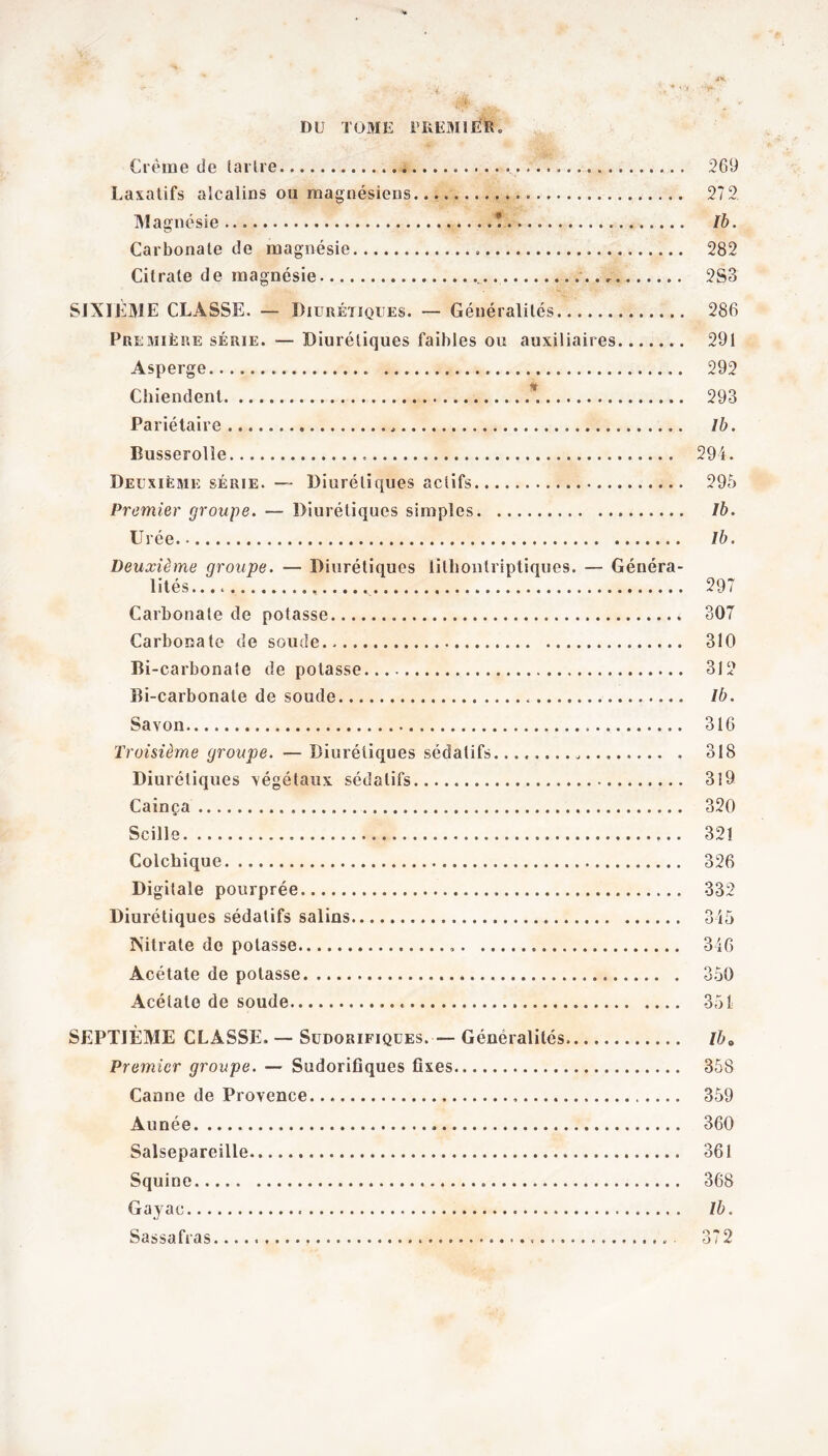 Crème de tartre 269 Laxatifs alcalins ou magnésiens 272 M agnésie 7 Ib. Carbonate de magnésie 282 Citrate de magnésie 2S3 SIXIÈME CLASSE. — Diurétiques. — Généralités 286 Première série. — Diurétiques faibles ou auxiliaires 291 Asperge 292 Chiendent *. 293 Pariétaire 1b. Busserolle 294. Deuxième série. — Diurétiques actifs 295 Premier groupe. — Diurétiques simples Ib. Urée Ib. Deuxième groupe. — Diurétiques Üthontriptiques. — Généra- lités.... 297 Carbonate de potasse 307 Carbonate de soude 310 Bi -carbonate de potasse 312 Bi-carbonale de soude Ib. Savon 316 Troisième groupe. — Diurétiques sédatifs 318 Diurétiques végétaux sédatifs 319 Cainça 320 Scille 321 Colchique 326 Digitale pourprée 332 Diurétiques sédatifs salins 345 Nitrate do potasse 346 Acétate de potasse 350 Acétate de soude 351 SEPTIÈME CLASSE. — Sudorifiques. —■ Généralités Iba Premier groupe. — Sudorifiques fixes 358 Canne de Provence 359 Aunée 360 Salsepareille 361 Squine 368 Gayac Ib. Sassafras 372