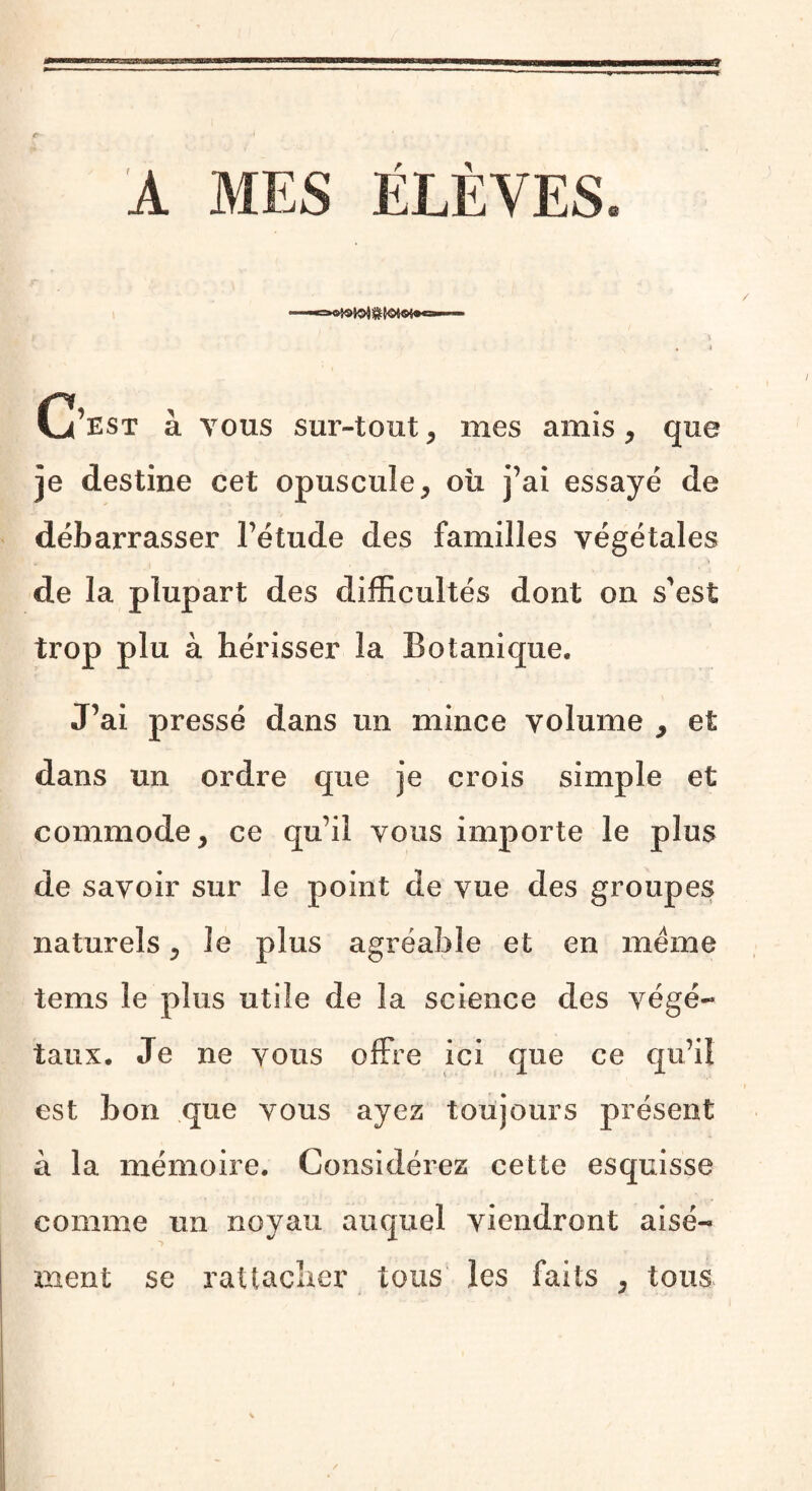 A MES ÉLÈVES X * i C’est à tous sur-tout , mes amis , que je destine cet opuscule, où j’ai essayé de débarrasser l’étude des familles végétales de la plupart des difficultés dont on s'est trop plu à hérisser la Botanique. J’ai pressé dans un mince volume , et dans un ordre que je crois simple et commode, ce qu’il vous importe le plus de savoir sur le point de vue des groupes naturels, le plus agréable et en meme tems le plus utile de la science des végé¬ taux. Je ne vous offre ici que ce qu’il est bon que vous ayez toujours présent a la mémoire. Considérez cette esquisse comme un noyau auquel viendront aisé¬ ment se rattacher tous les faits , tous,