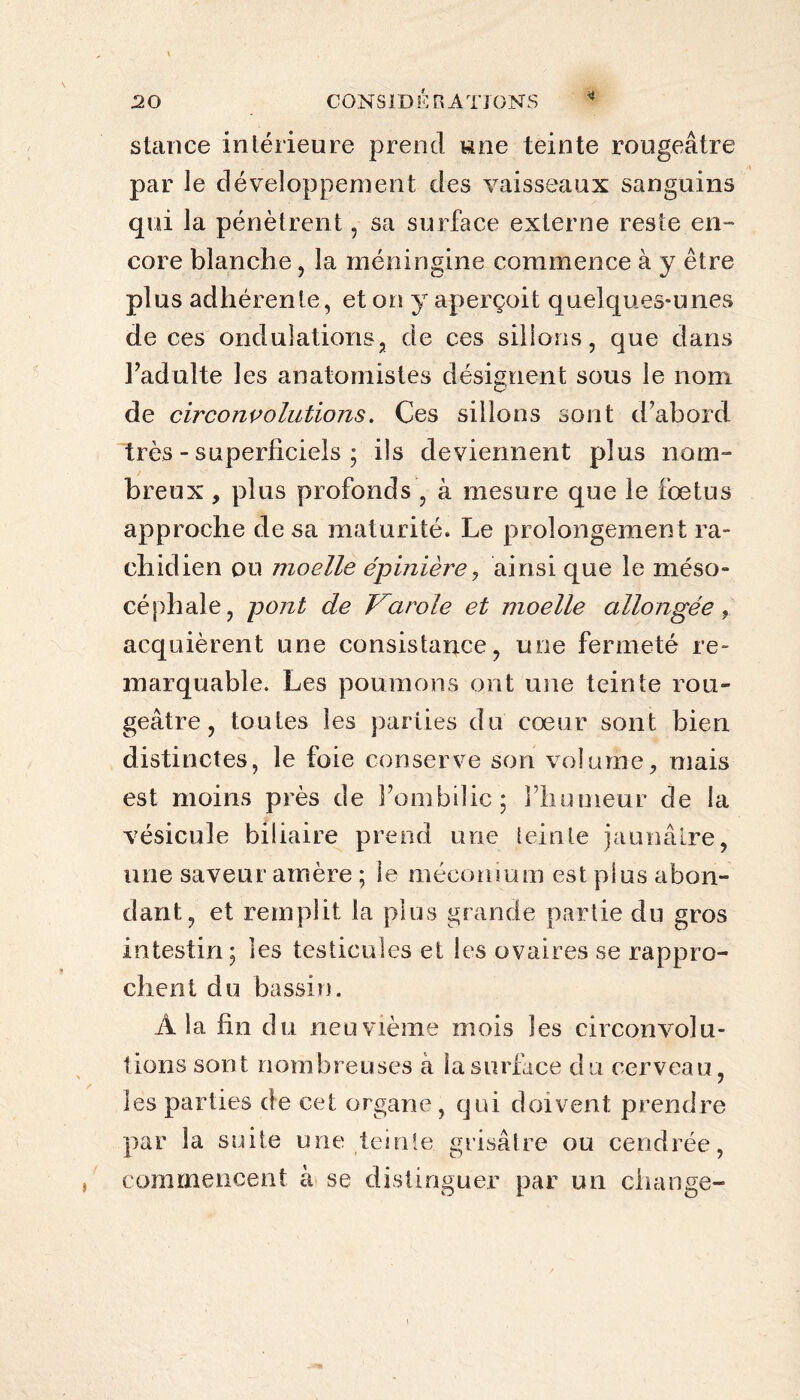 stance intérieure prend une teinte rougeâtre par le développement des vaisseaux sanguins qui la pénètrent, sa surface externe reste en¬ core blanche, la méningine commence à y être plus adhérente, et on y aperçoit quelques-unes de ces ondulations, de ces silions, que dans Ladulte les anatomistes désignent sous le nom de circonvolutions. Ces sillons sont d’abord très - superficiels 5 ils deviennent plus nom¬ breux , plus profonds , à mesure que le fœtus approche de sa maturité. Le prolongement ra¬ chidien ou moelle épinière, ainsi que le méso- céphale, pont de Varole et moelle allongée, acquièrent une consistance, une fermeté re¬ marquable. Les poumons ont une teinte rou¬ geâtre, toutes les parties du cœur sont bien distinctes, le foie conserve son volume, mais est moins près de l’ombilic; l’humeur de la vésicule biliaire prend une teinte jaunâtre, une saveur amère ; le méconium est plus abon¬ dant, et remplit la plus grande partie du gros intestin ; les testicules et les ovaires se rappro¬ chent du bassin. A la fin d u neuvième mois les circonvolu¬ tions sont nombreuses à la surface du cerveau, les parties de cet organe, qui doivent prendre par la suite une teinte grisâtre ou cendrée, commencent à se distinguer par un change-