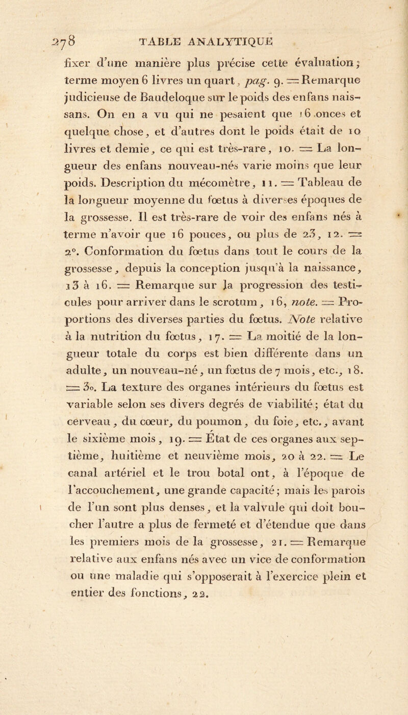 fixer d’une manière plus précise cette évaluation ; terme moyen 6 livres un quart, pag. 9. ~ Remarque judicieuse de Baudeloque sur le poids des enfans nais- sans. On en a vu qui ne pesaient que 16 onces et quelque chose, et d’autres dont le poids était de 10 livres et demie, ce qui est très-rare, 10. — La lon¬ gueur des enfans nouveau-nés varie moins que leur poids. Description du mécomètre, 11. — Tableau de la longueur moyenne du foetus à diverses époques de la grossesse. Il est très-rare de voir des enfans nés à terme n’avoir que 16 pouces, ou plus de 2.3, 12. ■= 20. Conformation du foetus dans tout le cours de la grossesse, depuis la conception jusqu’à la naissance, j 3 à 16. — Remarque sur Ja progression des testi¬ cules pour arriver dans le scrotum, 16, note. — Pro¬ portions des diverses parties du foetus. Note relative à la nutrition du fœtus, 1 7. — La moitié de la lon¬ gueur totale du corps est bien différente dans un adulte, un nouveau-né, un fœtus de 7 mois, etc., 18. — 3o. La texture des organes intérieurs du fœtus est variable selon ses divers degrés de viabilité; état du cerveau, du cœur, du poumon, du foie, etc., avant r le sixième mois , 19. — Etat de ces organes aux sep¬ tième, huitième et neuvième mois, 20 à 22. ~ Le canal artériel et le trou botal ont, à l’époque de l'accouchement, une grande capacité; mais les parois de l’un sont plus denses, et la valvule qui doit bou¬ cher l’autre a plus de fermeté et d’étendue que dans les premiers mois delà grossesse, 21.— Remarque relative aux enfans nés avec un vice de conformation ou une maladie qui s’opposerait à l’exercice plein et entier des fonctions, 22. /