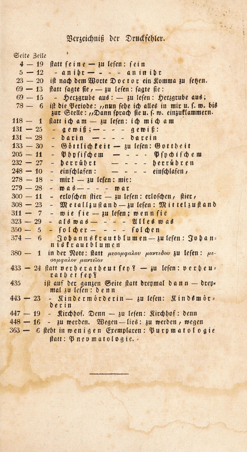S3erseicf)ni§ Jet ®rticffe&J<t. ©eite 3eile 4 — 19 (latt f e i n e — au fefen : fein 5 — 12 - a n i b t - ßnini&E 23 — 20 ijl nach bem SBocte £> o c t o t ein Äoitima au fe(jcn. 69 — 13 jlatt fagte fte f — au fefen: fugte jie: 69 — 15 - #ecagtube au$: — au lefen: jperagtube au$; 78—6 i|! bie ^Jeciobe: //nun felpe icb alle£ in mit u. f. m» bis gut ©teile: /,2)ann fptacb (ie xi. f. m. einauflammern. 118 — 1 (latt icb am — au fefen: t cb mi cb am 131—25 - a ettnb ; — - - g emi fj: 131—28 - barin - bare in 133 — 30 - ©öttlicbfeit — au lefen: © o 11 b e i t 205 — 11 - $bt)fifcbem — - - - tyfpcbifcbem 232 — 27 - betrübet — - - - betrübten 248 — 10 - einfcblafen: — - - - einfcblafen / 278 — 18 - mirt — au lefen: mir: 279 — 28 - ro a $ — - - - roat 300 — li - erlofcben Hier — au lefen: erlofcbeti/ ffiet/ 308 — 23 - 2Äetalf|u(ianb —au lefen: !D?it telautfanb 311—7 - m ie fie — au lefen; men n fie 323 — 29 - alömag— -' - - 2111 e $ m a $ 350 — 5 - f o l cb e r — - - - f o l cb e n 374 — 6 Sobaniuftautbrumen —au lefen : 3ob« n = ni^frautblumen 380 — 1 in bet Wote: (latt fitooficpaXov pavxiöov au lefen: fix- oofMpa/.ov fiavxtiov 433 — 24 flau oerberatbeutfei)? — au lefen: p e r b e u - ratbet fep% 435 ift auf bec ganjen ©eite Halt btepmal bann — btep* mal au lefen : b e n n 443 — 23 - Äinbe rm orberin — au lefen: Äinbämör* ber in 447 — 19 - Äircbbof. £enn — au lefen: Äircbbßf: benn 448 — 16 - au merben. 5ßegen — ließ: au merben f megen 363 — 6 (lebt in m e n i g e n (Ejeemplaren: «JJurpmatologie (latt: ^neumatologie. /