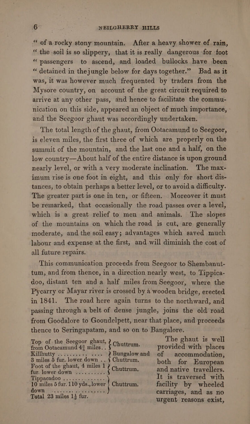 “ ofa rocky stony mountain, After a heavy shower of. rain, “« the -soil is so slippery, that it is really dangerous for foot “ passengers to ascend, and loaded bullocks have been “ detained in thejungle below for days together.” Bad as it was, it was however much frequented by traders from the Mysore country, on account of the great circuit required to arrive at any other pass, and hence to facilitate the commu- nication on this side, appeared an object of much importance, » and the Seegoor ghaut was accordingly undertaken. The total length of the ghaut, from Ootacamund to Seegoor, is eleven miles, the first three of which are properly on the summit of the mountain, and the last one and a half, on the low country——About half of the entire distance is upon ground nearly level, or with a very moderate inclination. The max- imum rise is one foot in eight, and this only for short dis- tances, to obtain perhaps a better level, or to avoid a difficulty. The greater part is one in ten, or fifteen. Moreover it must be remarked, that occasionally the road passes over a level, which is a great relief to men and animals. The slopes of the mountains on which the road is cut, are generally moderate, and the soil easy; advantages which saved much labour and expense at the first, and will diminish the cost of all future repairs. This communication proceeds from Seegoor to Shembanut- tum, and from thence, in a direction nearly west, to Tippica- doo, distant ten and a half miles from Seegoor, where the Pycarry or Mayar river is crossed by 4 wooden bridge, erected in 1841. The road here again turns to the northward, and passing through a belt of dense jungle, joins the old road from Goodalore to Goondelpett, near that place, and proceeds thence to Seringapatam, and so on to Bangalore. Bop, Sintec ass FChotrum. provided with place Millhutty io. vocuge ee Gelp : Bungalowand of accommodation ; 3 miles 5 fur. lower down .. § Chuttrum. both for European Foot of the ghaut, 4 miles 1 ech tt c fur. lower down .......... Neb ep and native traveller 8. Tinnaoadoo ix jis yaiaboiaais It is traversed with 10 miles 5 fur. 110 ys iower| Chuttrum. facility by wheeled down Sa, ef ow hela p ighe Ite ae eee ne carriages, and as no ° 1 ° Total 23 miles 13 fur. urgent reasons exist,