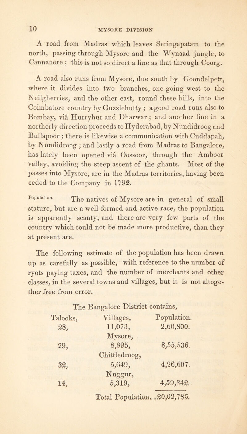A road from Madras which leaves Seringapatam to the north, passing through Mysore and the Wynaad jungle, to Cannanore ; this is not so direct a line as that through Coorg. A road also runs from Mysore, due south by Goondelpett, where it divides into two branches, one going west to the Neilgherries, and the other east, round these hills, into the Coimbatore country by Guzzlehutty; a good road runs also to Bombay, via Hurryhur and Dharwar ; and another line in a northerly direction proceeds to Hyderabad, by Nundidroog and Bullapoor ; there is likewise a communication wdth Cuddapah, by Nundidroog ; and lastly a road from Madras to Bangalore, has lately been opened via Oossoor, through the Amboor valley, avoiding the steep ascent of the ghauts. Most of the passes into Mysore, are in the Madras territories, having been ceded to the Company in 1792. Population. 'j’pg natives of Mysore are in general of small stature, but are a well formed and active race, the population is apparently scanty, and there are very few parts of the country which could not be made more productive, than they at present are. The following estimate of the population has been drawn up as carefully as possible, with reference to the number of ryots paying taxes, and the number of merchants and other classes, in the several towns and villages, but it is not altoge¬ ther free from error. The Bangalore District contains. Talooks, Villages, Population. 28, 11,073, Mysore, 2,60,800. 29, 8,895, Chittledroog, 8,55,536. S2, 5,649, N uggur. 4,26,607. 14, 6,319, 4,59,842. Total Population, . 20,02,785.
