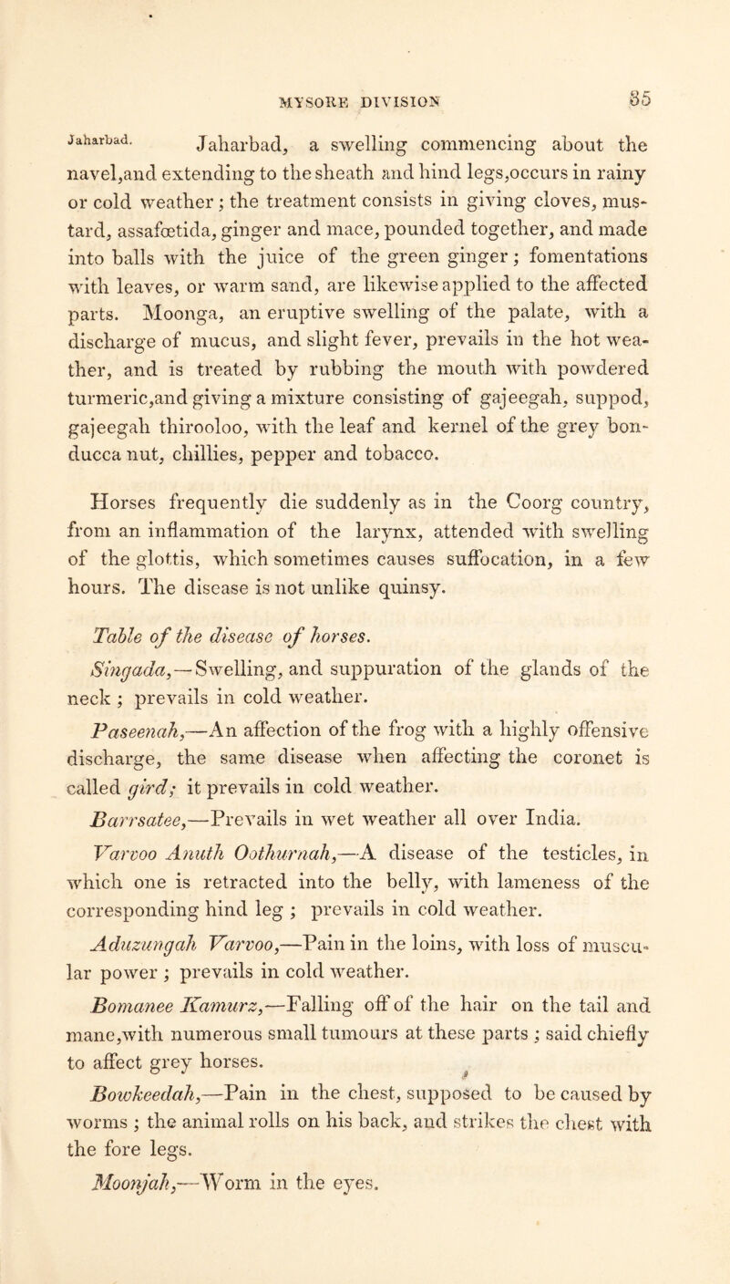 ^5 jaharbad. Jaharbad, a swelling commencing about tbe navel,and extending to the sheath and hind legs,occurs in rainy or cold weather; the treatment consists in giving cloves, mus> tard, assafoetida, ginger and mace, pounded together, and made into balls with the juice of the green ginger; fomentations with leaves, or warm sand, are likewise applied to the affected parts. Moonga, an eruptive swelling of the palate, with a discharge of mucus, and slight fever, prevails in the hot wea¬ ther, and is treated by rubbing the mouth with powdered turmeric,and giving a mixture consisting of gajeegah, suppod, gajeegah thirooloo, with the leaf and kernel of the grey bon- ducca nut, chillies, pepper and tobacco. Horses frequently die suddenly as in the Coorg country, from an inflammation of the larynx, attended with swelling of the glottis, which sometimes causes suffocation, in a few hours. The disease is not unlike quinsy. Table of the disease of horses. Swelling, and suppuration of the glands of the neck ; prevails in cold weather. Paseenah,—An affection of the frog with a highly offensive discharge, the same disease when affecting the coronet is called gird; it prevails in cold weather. Barrsatee,—Prevails in wet weather all over India. Yarwo Anuth Oothurnah,—A disease of the testicles, in which one is retracted into the bellv, with lameness of the corresponding hind leg ; prevails in cold weather. Aduzungah Yarvoo,—Pain in the loins, with loss of muscu» lar power ; prevails in cold weather. Bomanee Kamurz,—Palling off of the hair on the tail and mane,Avith numerous small tumours at these parts ; said chiefly to affect grey horses. ^ BoivkeedaJi,—Pain in the chest, supposed to be caused by worms ; the animal rolls on his back, and strikes the chest with the fore legs. Moonjahoim in the eyes.