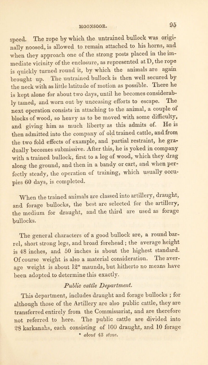 speed. The rope by which the untrained bullock was origi¬ nally noosed, is allowed to remain attached to his horns, and when they approach one of the strong posts placed in the im¬ mediate vicinity of the enclosure, as represented at D, the rope is quickly turned round it, by which the animals are again brought up. The untrained bullock is then well secured by the neck with as little latitude of motion as possible. There he is kept alone for about two days, until he becomes considerab¬ ly tamed, and worn out by unceasing efforts to escape. The next operation consists in attaching to the animal, a couple of blocks of wood, so heavy as to be moved with some difficulty, and giving him as much liberty as this admits of. He is then admitted into the company of old trained cattle, and from the two fold effects of example, and partial restraint, he gra¬ dually becomes submissive. After this, he is yoked in company with a trained bullock, first to a log of wood, which they drag along the ground, and then in a bandy or cart, and when per¬ fectly steady, the operation of training, which usually occu¬ pies 60 days, is completed. AVhen the trained animals are classed into artilleiy, diaught, and forage bullocks, the best are selected for the artillery, the medium for draught, and the third are used as forage bullocks. The general characters of a good bullock are, a round bar¬ rel, short strong legs, and broad forehead; the average height is 48 inches, and 60 inches is about the highest standard. Of course weight is also a material consideration. The aver¬ age weight is about 12* maunds, but hitherto no means have been adopted to determine this exactly. Puhlic cattle Department. This department, includes draught and forage bullocks ; for although those of the Artillery are also public cattle, they are transferred entirely from the Commissariat, and are therefore not referred to here. The public cattle are divided into SSkarkanahs, each consisting of 100 draught, and 10 forage * about 43 stone.