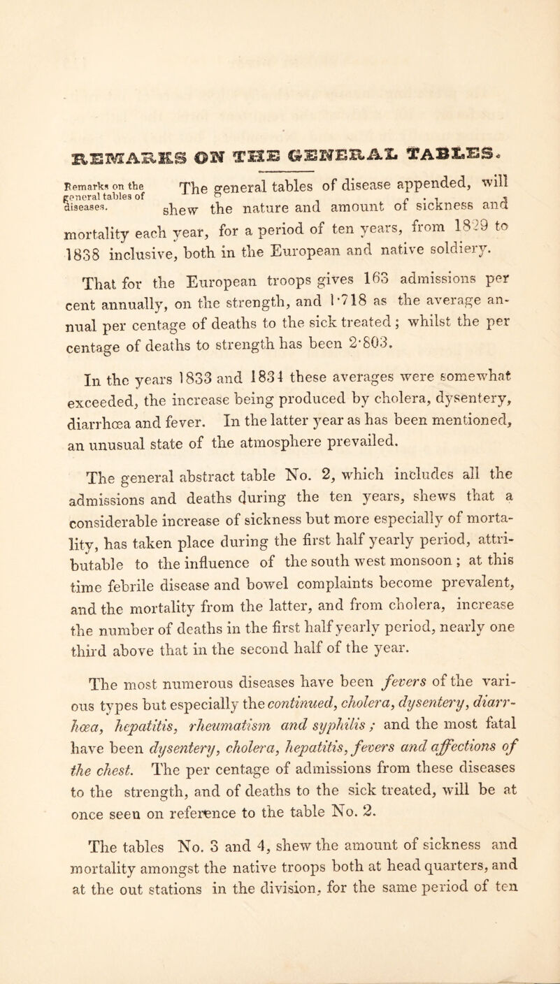 K,EKIAS.KS ©M THIS ©EKES.AI. TABLES. Bern arks on the The general tables of disease appended, will penoral tables of ^ ^ , diseases, shew the nature and amount oi sicKness ana mortality each year, for a period of ten years,^ from 1829 to 1838 inclusive, both in the European and native soldiery. That for the European troops gives 163 admissions per cent annually, on the strength, and 1’718 as the average an« nual per centage of deaths to the sick treated; whilst the per centage of deaths to strength has been 2-803. In the years 1833 and 1834 these averages were somew^hat exceeded, the increase being produced by cholera, dysentery, diarrhoea and fever. In the latter year as has been mentioned, an unusual state of the atmosphere prevailed. The general abstract table No. 2, which includes all the admissions and deaths during the ten years, shews that a considerable increase of sickness but more especially of morta¬ lity, has taken place during the first half yearly period, attri¬ butable to the influence of the south west monsoon ; at this time febrile disease and bowel complaints become prevalent, and the mortality from the latter, and from cholera, increase the number of deaths in the first half yearly period, nearly one third above that iir the second half of the year. The most numerous diseases have been fevers of the vari¬ ous types but especially t]ie continued, cholera, dysentery, diarr¬ hoea, hepatitis, rheumatism and syphilis ; and the most fatal have been dysentery, cholera, hepatitis, fevers and affections of the chest. The per centage of admissions from these diseases to the strength, and of deaths to the sick treated, will be at once seen on reference to the table No. 2. The tables No. 3 arrd 4, shew the amouirt of sickness and mortality amongst the native troops both at head quarters, and at the out stations in the division, for the same period of ten