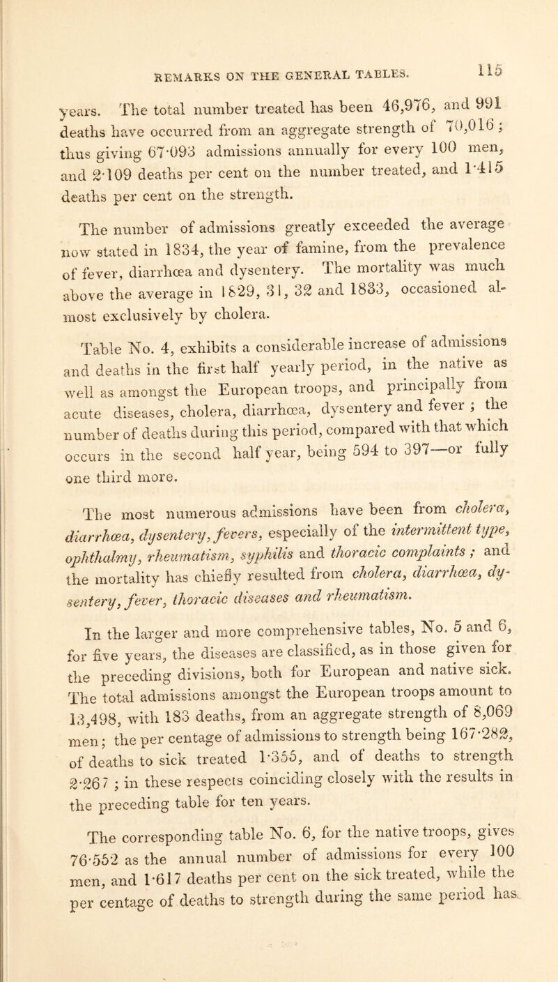 116 years. The total number treated has been 46,9/6, and 991 deaths have occurred from an aggregate strength of 70,016, thus giving 67*093 admissions annually for every 100 men, and 2*109 deaths per cent on the number treated, and 1*415 deaths per cent on the strength. The number of admissions greatly exceeded the average now stated in 1834, the year of famine, from the prevalence of fever, diarrhoea and dysentery. The mortality was much above the average in 1829, 31, 32 and 1833, occasioned al¬ most exclusively by cholera. Table No. 4, exhibits a considerable increase of admissions and deaths in the first half yearly period, in the native as well as amongst the European troops, and principally from acute diseases, cholera, diarrhoea, dysentery and fever ; the number of deaths during this period, compared with that which occurs in the second half year, being 594 to 397--or fully one third more. The most numerous admissions have been from cholera^ diarrhoea, dysentery, fevers, especially of the intermittent type, ophthalmy, rheumatism, syphilis and thoracic complaints ; and the mortality has chiefly resulted from cholera, diarrhoea, dy¬ sentery, fever, thoracic diseases and rheumatism. In the larger and more comprehensive tables. No. o and 6, for five years, the diseases are classified, as in those given for the preceding divisions, both for European and native sick. The total admissions amongst the European troops amount to 13,498, with 183 deaths, from an aggregate strength of 8,069 men; the per centage of admissions to strength being 167*282, of deaths to sick treated T355, and of deaths to strength 2*267 ; in these respects coinciding closely with the results in the preceding table for ten years. The corresponding table No. 6, for the native troops, gives 76*55*2 as the annual number of admissions for every 100 men, and 1*617 deaths per cent on the sick treated, while the per centage of deaths to strength during the same period has.