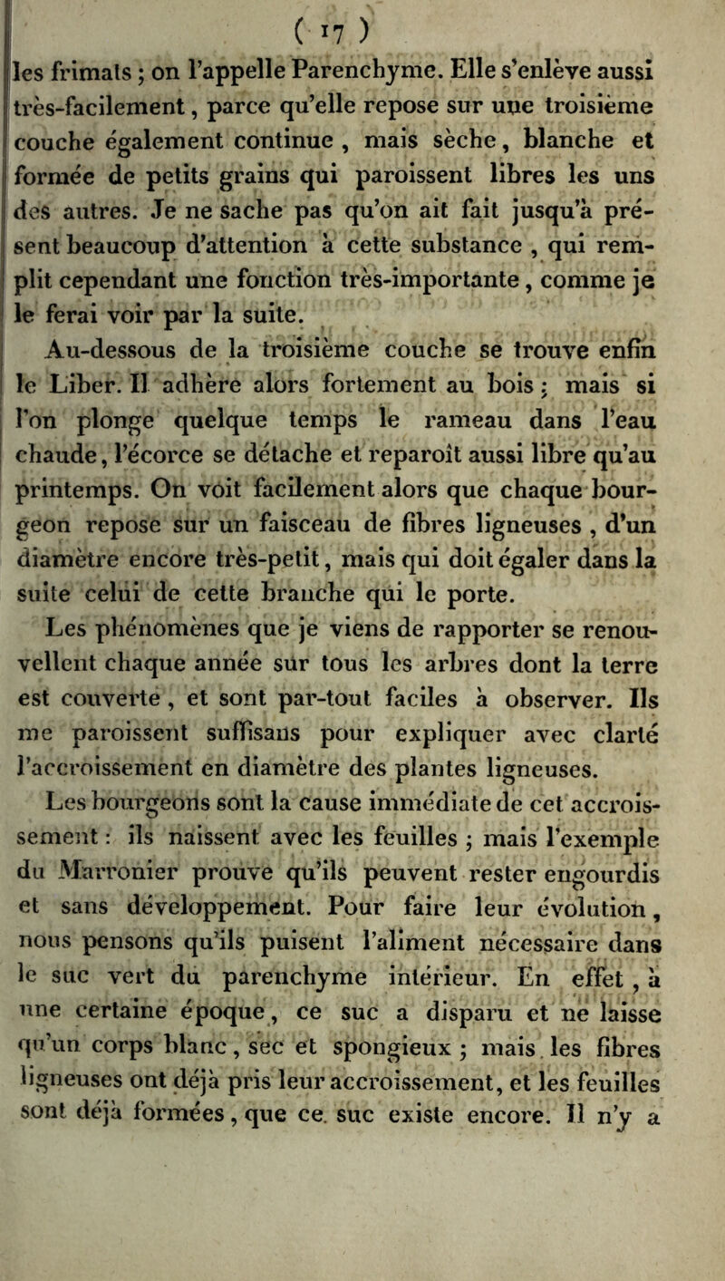 les frimais ; on l’appelle Parenchyme. Elle s’enlève aussi très-facilement, parce qu’elle repose sur une troisième couche également continue , mais sèche, blanche et I formée de petits grains qui paroissent libres les uns des autres. Je ne sache pas qu’on ail fait jusqu’à pré- sent beaucoup d’attention à cette substance , qui rem- plit cependant une fonction très-importante, comme je j le ferai voir par la suite. Au-dessous de la troisième couche se trouve enfin le Liber. Il adhère alors fortement au bois; mais si I l’on plonge quelque temps le rameau dans l’eau ! chaude, l’écorce se détache et reparoît aussi libre qu’au printemps. On voit facilement alors que chaque bour- geon repose sur un faisceau de fibres ligneuses , d’un diamètre encore très-petit, mais qui doit égaler dans la suite celui de cette branche qui le porte. Les phénomènes que je viens de rapporter se renou- vellent chaque année sûr tous les arbres dont la terre est couverte, et sont par-tout faciles à observer. Ils me paroissent suflisans pour expliquer avec clarté l’accroissement en diamètre des plantes ligneuses. Les bourgeons sont la cause immédiate de cet accrois- sement : ils naissent avec les feuilles ; mais l’exemple du Marronier prouve qu’ils peuvent rester engourdis et sans développement. Pour faire leur évolution, nous pensons qu’ils puisent l’aliment nécessaire dans le suc vert du parenchyme intérieur. En effet , à une certaine époque , ce suc a disparu et ne laisse qu’un corps blanc, sec et spongieux; mais, les fibres ligneuses ont déjà pris leur accroissement, et les feuilles sont déjà formées, que ce. suc existe encore. Il n’y a