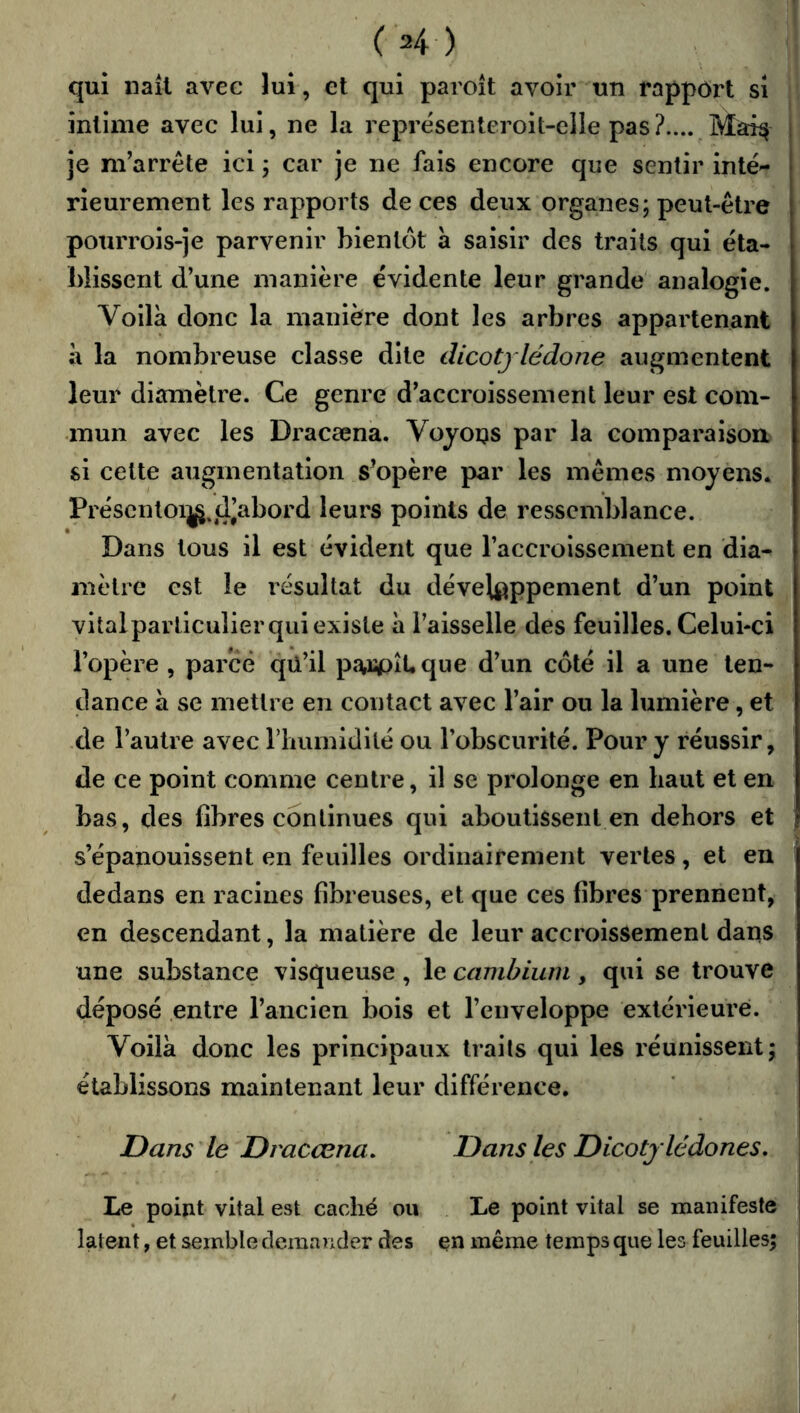 qui naît avec lui , et qui paroit avoir un rapport si intime avec lui, ne la représenteroit-elle pas ?.... 1 je m’arrête ici ; car je ne fais encore que sentir inté- rieurement les rapports de ces deux organes; peut-être potirrois-je parvenir bientôt à saisir des traits qui éta- blissent d’une manière évidente leur grande' analogie. Voilà donc la manière dont les arbres appartenant à la nombreuse classe dite dicotjlédone augmentent leur diamètre. Ce genre d’accroissement leur est com- mun avec les Dracænà. Voyons par la comparaison si cette augmentation s’opère par les mêmes moyens. Préscnlonj.d’abord leurs points de ressemblance. Dans tous il est évident que l’accroissement en dia- mètre est le résultat du développement d’un point vitalparllculier qui existe à l’aisselle des feuilles. Celui-ci l’opère , parce qü’il p«T,rpil.que d’un côté il a une ten- dance à se mettre en contact avec l’air ou la lumière, et de l’autre avec rimmidité ou l’obscurité. Pour y réussir, de ce point comme centre, il se prolonge en haut et en bas, des fibres continues qui aboutissent en dehors et s’épanouissent en feuilles ordinairement vertes, et en dedans en racines fibreuses, et que ces fibres prennent, en descendant, la matière de leur accroissement dans une substance visqueuse , le cambium , qui se trouve déposé entre l’ancien bois et l’enveloppe extérieure. Voilà donc les principaux traits qui les léunissent; établissons maintenant leur différence. Dans le Dracœna. Dans les Dicotylédones, Le point vital est caché ou Le point vital se manifeste latent, et semble demander des en même temps que les feuilles;