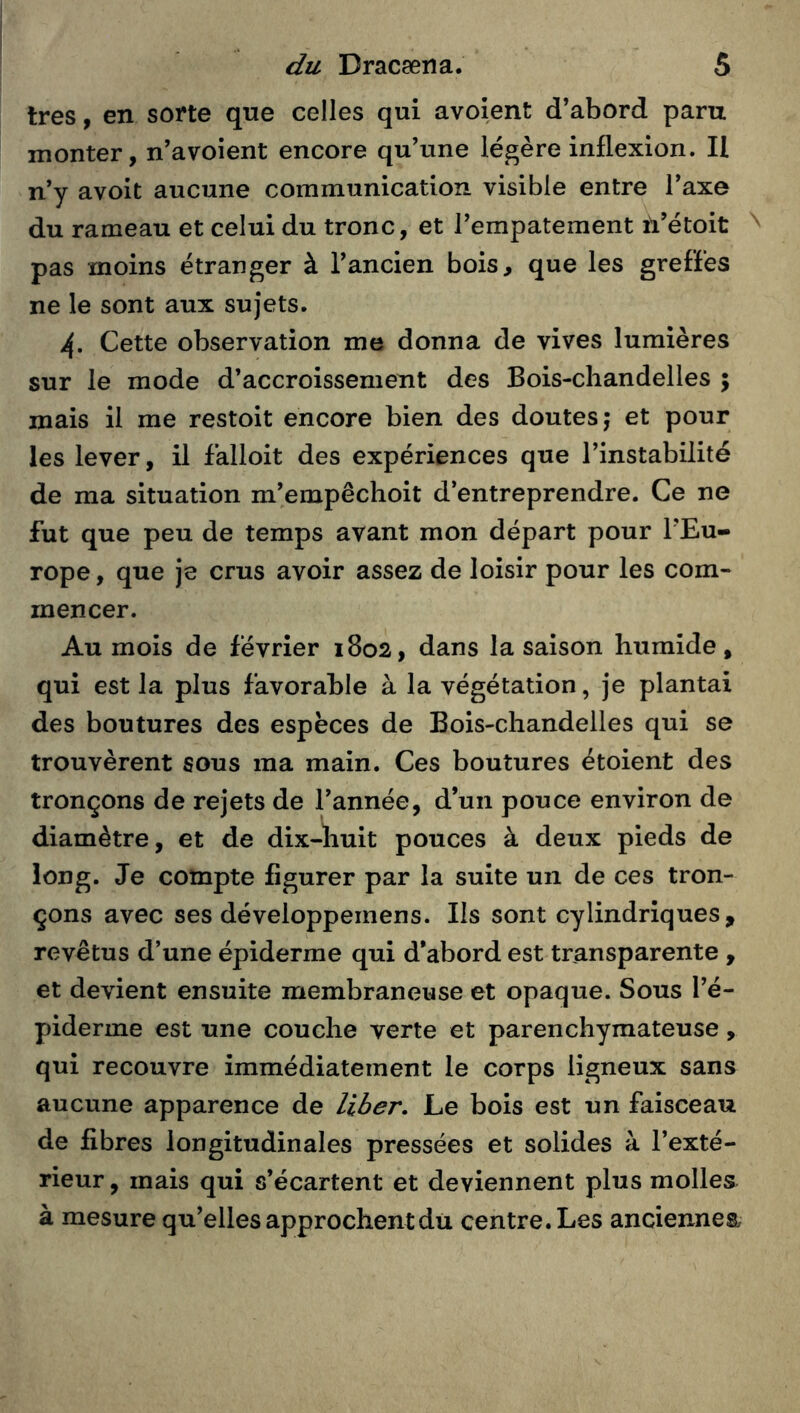 très, en sorte que celles qui avoient d’abord paru monter, n’avoient encore qu’une légère inflexion. H n’y avoit aucune communication visible entre l’axe du rameau et celui du tronc, et l’empâtement il’étoit pas moins étranger à l’ancien bois, que les greffes ne le sont aux sujets. 4. Cette observation me donna de vives lumières sur le mode d’accroissement des Bois-chandelles ; mais il me restoit encore bien des doutes j et pour les lever, il falloit des expériences que l’instabilité de ma situation m’empêchoit d’entreprendre. Ce ne fut que peu de temps avant mon départ pour l’Eu- rope , que je crus avoir assez de loisir pour les com- mencer. Au mois de février 1802, dans la saison humide, qui est la plus favorable à la végétation, je plantai des boutures des especes de Bois-chandelles qui se trouvèrent sous ma main. Ces boutures étoient des tronçons de rejets de l’année, d’un pouce environ de diamètre, et de dix-huit pouces à deux pieds de long. Je compte figurer par la suite un de ces tron- çons avec ses développemens. Ils sont cylindriques, revêtus d’une épiderme qui d’abord est transparente , et devient ensuite membraneuse et opaque. Sous l’é- piderme est une couche verte et parenchymateuse, qui recouvre immédiatement le corps ligneux sans aucune apparence de liber. Le bois est un faisceau de fibres longitudinales pressées et solides à l’exté- rieur , mais qui s’écartent et deviennent plus molles à mesure qu’elles approchent dü centre. Les anciennes.