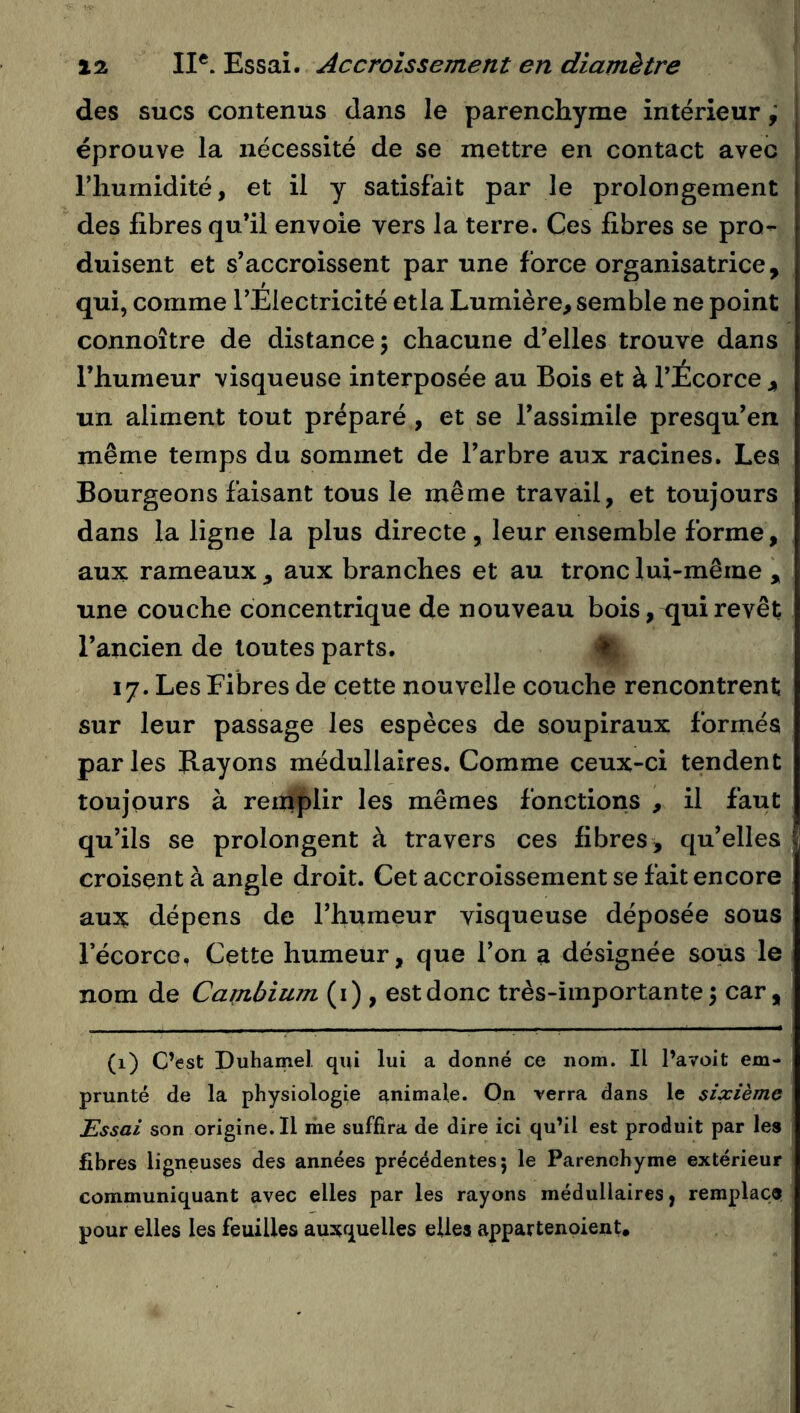 des sucs contenus dans le parenchyme intérieur ; éprouve la nécessité de se mettre en contact avec riiumidité, et il y satisfait par le prolongement des fibres qu’il envoie vers la terre. Ces fibres se pro- duisent et s’accroissent par une force organisatrice, qui, comme l’Electricité etla Lumière, semble ne point connoître de distance; chacune d’elles trouve dans l’humeur visqueuse interposée au Bois et à l’Écorce , un aliment tout préparé , et se l’assimile presqu’en même temps du sommet de l’arbre aux racines. Les Bourgeons faisant tous le même travail, et toujours dans la ligne la plus directe , leur ensemble forme, aux rameaux , aux branches et au tronc lui-même , une couche concentrique de nouveau bois, qui revêt l’ancien de toutes parts. % 17. Les Fibres de cette nouvelle couche rencontrent sur leur passage les espèces de soupiraux formés par les Bayons médullaires. Comme ceux-ci tendent toujours à reiiïplir les mêmes fonctions , il faut qu’ils se prolongent à travers ces fibres, qu’elles croisent à angle droit. Cet accroissement se fait encore aux dépens de l’humeur visqueuse déposée sous récorce, Cette humeur, que l’on a désignée sous le nom de Cambium (i) , est donc très-importante; car, (1) C’est Duhamel qui lui a donné ce nom. Il l’avoit em- prunté de la physiologie animale. On verra dans le sixième Essai son origine.il me suffira de dire ici qu’il est produit par les fibres ligneuses des années précédentes; le Parenchyme extérieur communiquant avec elles par les rayons médullaires, remplace pour elles les feuilles auxquelles elles appartenpient.