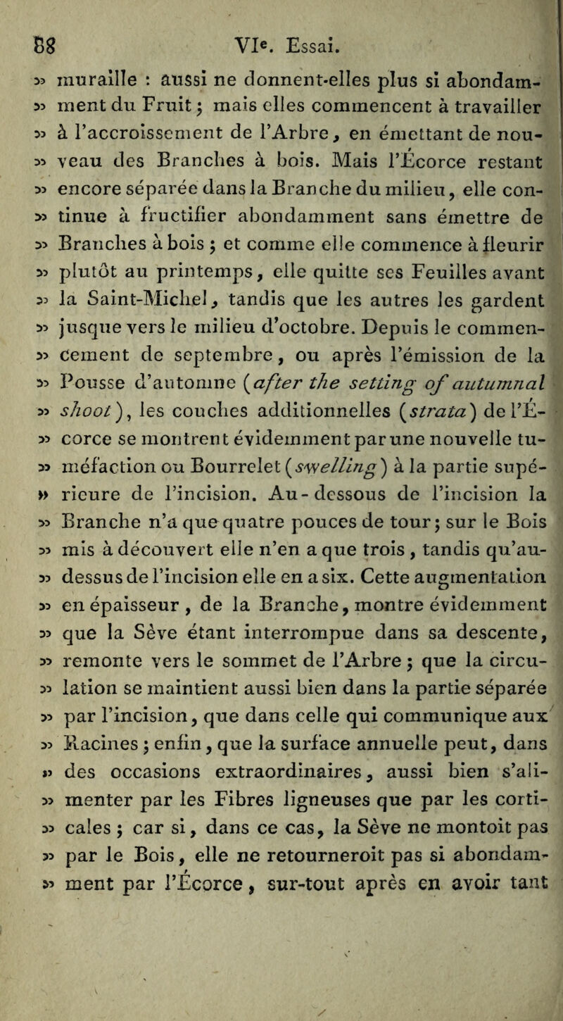 35 muraille : aussi ne donnent-elles plus si abondam- 35 nient du Fruit ^ mais elles commencent à travailler 35 à raccroissement de l’Arbre, en émettant de nou- 33 veau des Branches à bois. Mais l’Ecorce restant 35 encore séparée dans la Branche du milieu, elle con- 33 tinue à fructifier abondamment sans émettre de 35 Branches à bols j et comme elle commence à fleurir 35 plutôt au printemps, elle quitte ses Feuilles avant 35 la Saint-Michel, tandis que les autres les gardent 35 jusque vers le milieu d’octobre. Depuis le commen- 35 Cernent de septembre, ou après l’émission de la 35 Pousse d’automne (^after the setting of autumnal 33 s/iool), les couches additionnelles [^strata') de l’E- 33 corce se montrent évidemment par une nouvelle tu- 33 méfaction ou Bourrelet {swelling) à la partie supé- » rieure de l’incision. Au-dessous de l’incision la 35 Branche n’a que quatre pouces de tour; sur le Bois 33 mis à découvert elle n’en a que trois , tandis qu’au- 33 dessus de l’incision elle en a six. Cette augmentation 33 en épaisseur, de la Branche, montre évidemment 33 que la Sève étant interrompue dans sa descente, 33 remonte vers le sommet de l’Arbre ; que la circu- 33 lation se maintient aussi bien dans la partie séparée 35 par l’incision, que dans celle qui communique aux 35 Racines ; enfin, que la surface annuelle peut, dans »> des occasions extraordinaires, aussi bien s’ali- 33 menter par les Fibres ligneuses que par les corti- 33 cales ; car si, dans ce cas, la Sève ne montoit pas 33 par le Bois, elle ne retourneroit pas si abondam- 33 ment par l’Écorce, sur-tout après en avoir tant