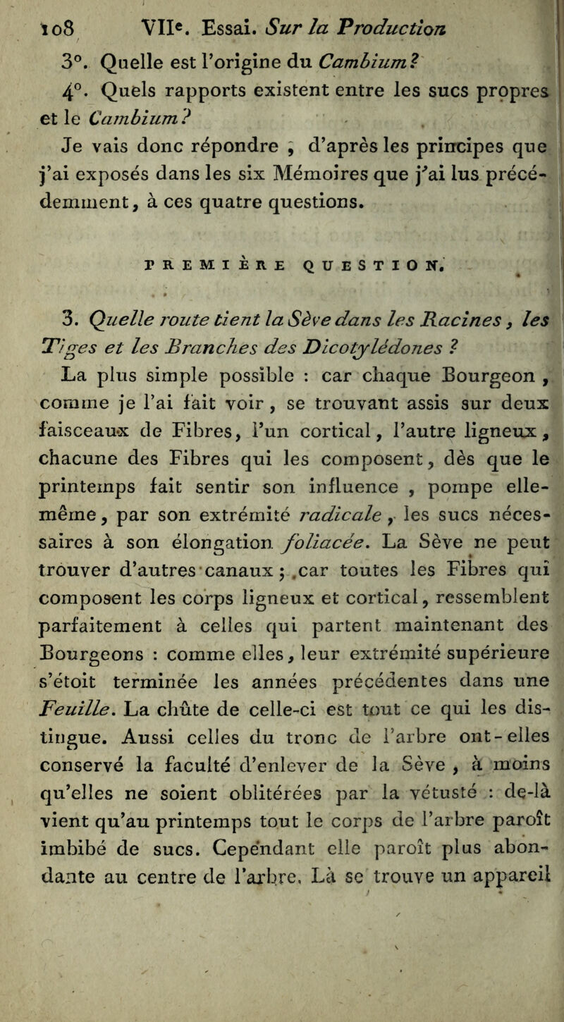 3°. Qaelle est rorigine du Cambîuml' 4®. Quels rapports existent entre les sucs propres] et \o Cambium ? Je vais donc répondre ; d’après les principes quel j’ai exposés dans les six Mémoires que j'’ai lus précé J déminent, à ces quatre questions. PREMIERE QUESTION, 3. Quelle route tient la Sève dans les Racines, les\ Tiges et les Branches des Dicotylédones ? y La plus simple possible : car chaque Bourgeon comme je l’ai fait voir , se trouvant assis sur deuxj^ faisceaux de Fibres, i’un cortical, l’autre ligneux,| chacune des Fibres qui les composent, dès que lev printemps fait sentir son influence , pompe elle-Ê| même, par son extrémité radicale ,• les sucs néces--^ saires à son è\oxi£gàX\or\. foliacée, La Sève ne peut: trouver d’autres‘canaux 5 .car toutes les Fibres quî| composent les corps ligneux et cortical, ressemblent îî parfaitement à celles qui partent maintenant des Bourgeons : comme elles, leur extrémité supérieure ^ s’étoit terminée les années précédentes dans une 4 Feuille, La chute de celle-ci est tout ce qui les dis- . tingue. Aussi celles du tronc de l’arbre ont-elles . conservé la faculté d’enlever de la S( a moins qu’elles ne soient oblitérées par la vétusté : de-là vient qu’au printemps tout le corps de l’arbre paroît imbibé de sucs. Cependant elle paroît plus abon- dante au centre de Tarbre, Là se trouve un appareil