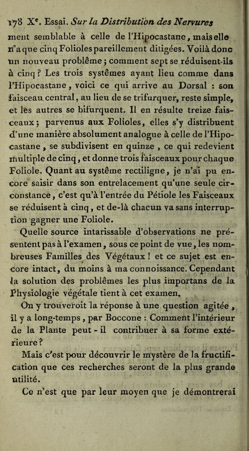 ment semblable à celle de THipocastane, mais elle li^aqne cinq Folioles pareillement ditigées. Voilà donc tin nouveau problème ; comment sept se réduisent-ils à cinq ? Les trois systèmes ayant lieu comme dans THipocastane , voici ce qui arrive au Dorsal : son faisceau central, au lieu de se trifurquer, reste simple, et les autres se bifurquent. Il en résulte treize fais- ceaux; parvenus aux Folioles, elles s’y distribuent d’une manière absolument analogue à celle de l’Hipo- castane , se subdivisent en quinze , ce qui redevient multiple de cinq, et donne trois faisceaux pour chaque Foliole. Quant au système rectiligne, je n’ai pu en- core saisir dans son entrelacement qu’une seule cir- constance , c’est qu’à l’entrée du Pétiole les Faisceaux se réduisent à cinq , et de-là chacun va sans interrup- tion gagner une Foliole. Quelle source intarissable d’observations ne pré- sentent pas à l’examen , sous ce point de vue, les nom- breuses Familles des Végétaux I et ce sujet est en- core intact, du moins à ma connoissance. Cependant la solution des problèmes les plus importans de la Physiologie végétale tient à cet examen. On y trouveroît la réponse à une question agitée , il y a long-temps , par Boccone : Comment l’intérieur de la Plante peut - il contribuer à sa forme exté- rieure ? Mais c^est pour découvrir le mystère de la fructifi- cation que ces recherches seront de la plus grande utilité. Ce n^est que par leur moyen que je démontrerai