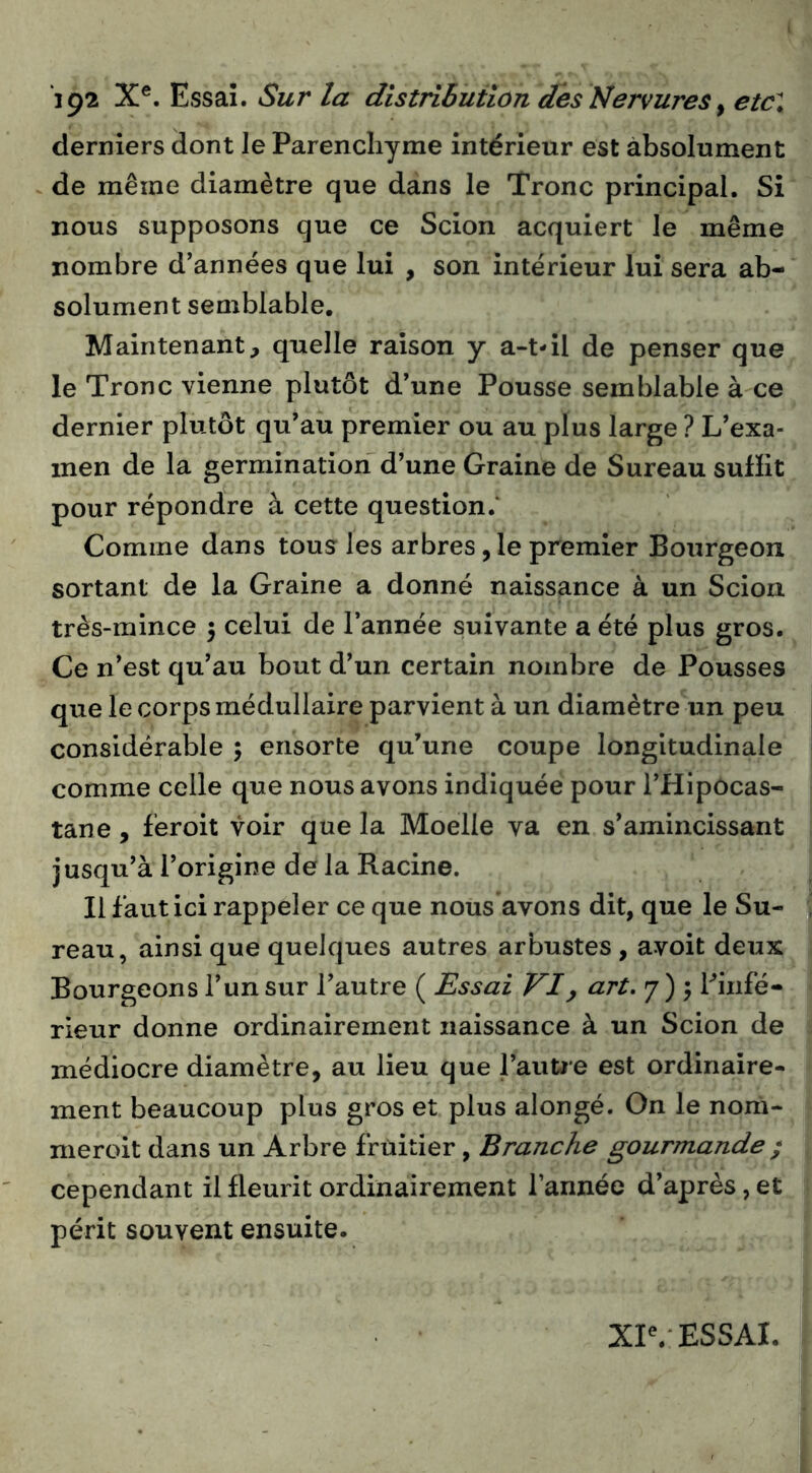 derniers dont le Parenchyme intérieur est absolument . de même diamètre que dans le Tronc principal. Si nous supposons que ce Scion acquiert le même nombre d’années que lui , son intérieur lui sera ab- solument semblable. Maintenant, quelle raison y a-t-il de penser que le Tronc vienne plutôt d’une Pousse semblable à ce dernier plutôt qu’au premier ou au plus large ? L’exa- men de la germination d’une Graine de Sureau sufïit pour répondre à cette question.' Comme dans tous les arbres, le premier Bourgeon sortant de la Graine a donné naissance à un Scion très-mince 5 celui de l’année suivante a été plus gros. Ce n’est qu’au bout d’un certain nombre de Pousses que le corps médullaire parvient à un diamètre un peu considérable ; ensorte qu’une coupe longitudinale comme celle que nous avons indiquée pour l’Hipôcas- tane, feroit voir que la Moelle va en s’amincissant jusqu’à l’origine de la Racine. Il faut ici rappeler ce que nous avons dit, que le Su- reau, ainsi que quelques autres arbustes , avoit deux Bourgeons l’un sur l’autre ( Essai VI^ art, 7) 5 Pinfé- rieur donne ordinairement naissance à un Scion de médiocre diamètre, au lieu que l’autie est ordinaire- ment beaucoup plus gros et plus alongé. On le nom- nieroit dans un Arbre fruitier, Branche gourmande ; cependant il fleurit ordinairement l’année d’après, et périt souvent ensuite. XP.'ESSAI.