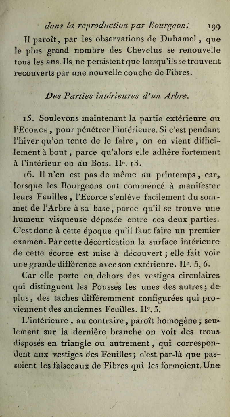 71 paroît, par les observations de Duhamel, que le plus grand nombre des Chevelus se renouvelle tous les ans. Ils ne persistent que lorsqu’ils se trouvent recouverts par une nouvelle couche de Fibres. Des Parties intérieures d^un Arbre, J S. Soulevons maintenant la partie extérieure ou TEcorce , pour pénétrer l’intérieure. Si c’est pendant l’hiver qu’on tente de le faire , on en vient diffici- lement à bout, parce qu’alors elle adhère fortement à l’intérieur ou au Bois. II®. i3. 16. Il n’en est pas de même au printemps , car, lorsque les Bourgeons ont commencé à manifester leurs Feuilles, l’Ecorce s’enlève facilement du som- met de l’Arbre à sa base, parce qu’il se trouve une humeur visqueuse déposée entre ces deux parties. C’est donc à cette époque qu’il faut faire un premier examen. Par cette décortication la surface intérieure de cette écorce est mise à découvert 3 elle fait voir une grande différence avec son extérieure. II®. 5, 6. Car elle porte en. dehors des vestiges circulaires qui distinguent les Pousses les unes des autres 5 de plus, des taches différemment configurées qui pro- viennent des anciennes Feuilles. II®. 5. L’intérieure , au contraire, pâroît homogène ; seu- lement sur la dernière branche on voit des trous disposés en triangle ou autrement, qui correspon- dent aux vestiges des Feuilles; c’est par-là que pas- soient les faisceaux de Fibres qui les formoient. Une