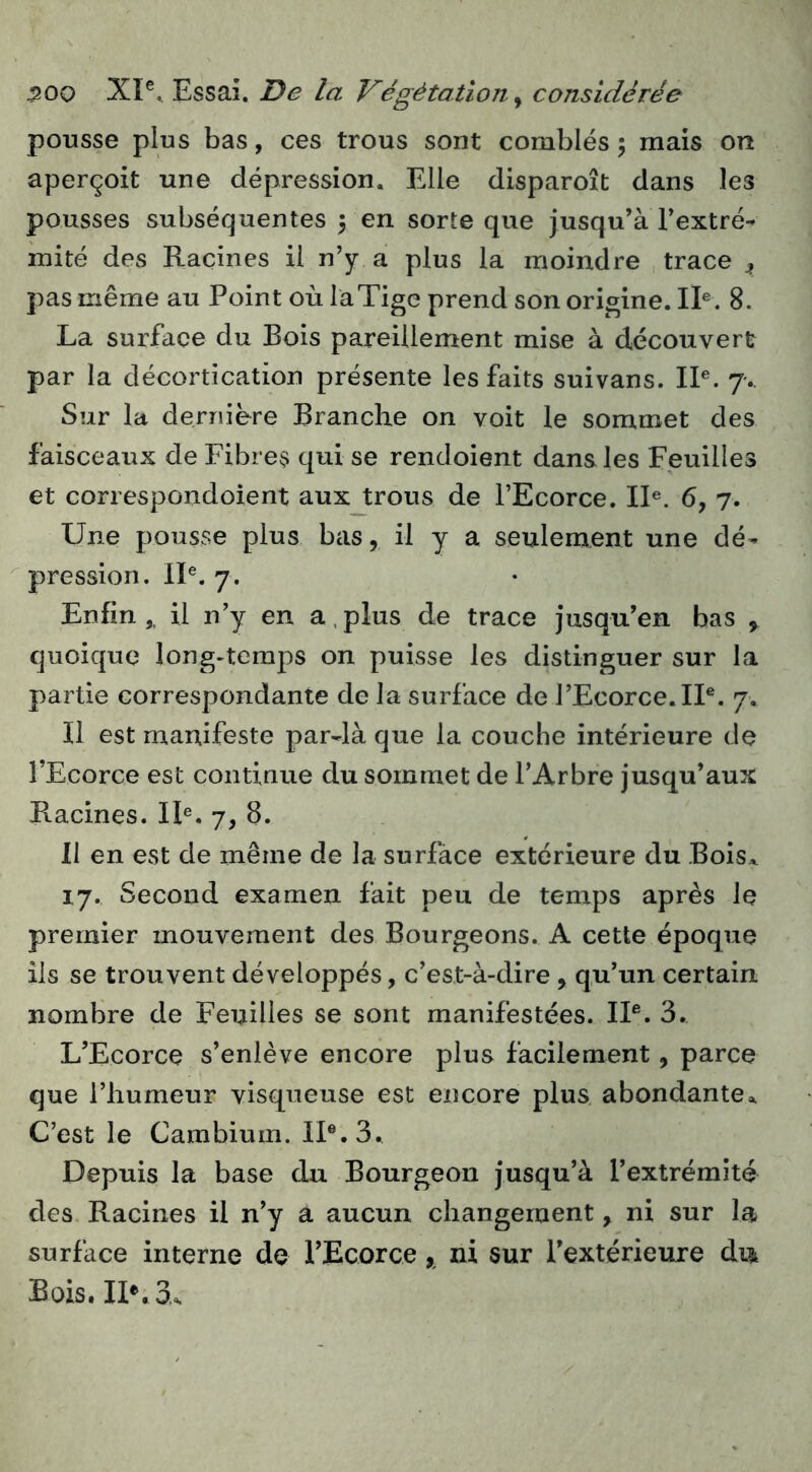 pousse plus bas, ces trous sont comblés 5 mais on aperçoit une dépression. Elle disparoît dans les pousses subséquentes 5 en sorte que jusqu’à Fextré- mité des Racines il n’y a plus la moindre , trace ^ pas même au Point où la Tige prend son origine. II® . 8. La surface du Bois pareillement mise à découvert par la décortication présente les faits suivans. II®. 7.. Sur la derniere Branche on voit le sommet des faisceaux de FibresS qui se rendoient dans les Feuilles et correspondoient aux trous de l’Ecorce. II®. 6, 7. Une pousse plus bas, il y a seulement une dé- pression. lï®. 7. Enfin,, il n’y en a.plus de trace jusqu’en bas , quoique long-temps on puisse les distinguer sur la partie correspondante de la surface de l’Ecorce. IP. 7. Il est manifeste par-là que la couche intérieure de l’Ecorce est continue du sommet de l’Arbre jusqu’aux Racines. II®. 7, 8. 11 en est de même de la surface extérieure du Bois^ 17. Second examen fait peu de temps après le premier mouvement des Bourgeons. A cette époque ils se trouvent développés, c’est-à-dire , qu’un certain nombre de Feuilles se sont manifestées. IP. 3. L’Ecorce s’enlève encore plus facilement, parce que l’humeur visqueuse est eiîcore plus abondante^ C’est le Cambium. IP. 3. Depuis la base du Bourgeon jusqu’à l’extrémité des Racines il n’y a aucun changement, ni sur la surface interne de rEcorce y ni sur l’extérieure âx\ Bois. IP. 3..