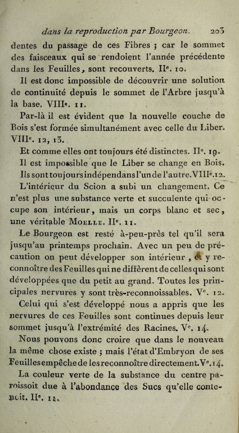 dentes du passage de ces Fibres 5 car le sommet des faisceaux qui se ‘ rendoient l’année précédente dans les Feuilles, sont recouverts. II®. 10. Il est donc impossible de découvrir une solution, de continuité depuis le sommet de l’Arbre jusqu’à la base. VIII*. ii. Par-là il est évident que la nouvelle couche de Bois s’est formée simultanément avec celle du Liber. VIII®. 12, i5. Et comme elles ont toujours été distinctes. II®. 19. Il est impossible que le Liber se change en Bois. Ils sont toujoursindépendânsl’unde l’autre.VIIP.irî. L’intérieur du Scion a subi un changement. Ce n’est plus une substance verte et succulente qui oc - cupe son intérieur, mais un corps blanc et sec, une véritable Moelle. II®. 11. Le Bourgeon est resté à-peu-près tel qu’il sera jusqu’au printemps prochain. Avec un peu de pré- caution on peut développer son intérieur , y re- connoître des Feuilles qui ne diffèrent de celles qui sont développées que du petit au grand. Toutes les prin- cipales nervures y sont très-reconnoissables. V®. 12. Celui qui s’est développé nous a appris que les nervures de ces Feuilles sont continues depuis leur sommet jusqu’à l’extrémité des Racines. V®, 14. Nous pouvons donc croire que dans le nouveau la même chose existe 5 mais l’état d’Embryon de ses Feuilles empêche de les reconnoître directement. V®. 14« La couleur verte de la substance du centre pa- roissoit due à Tabondance des Sucs qu’elle conte- ucit. II®. lu