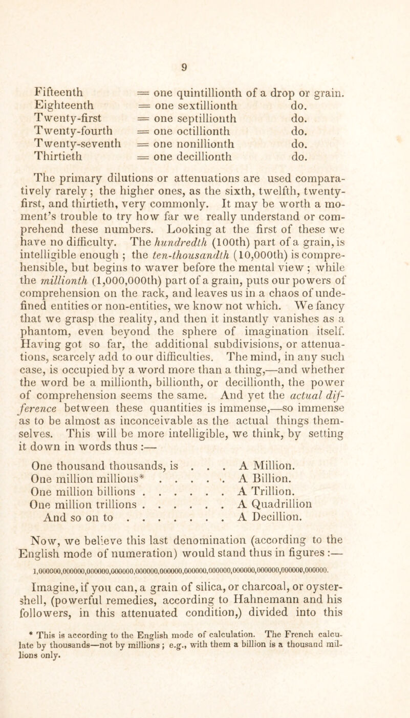 Fifteenth = one quintillionth of a drop or grain. Eighteenth = one sextillionth do. Twenty-first = one septillionth do. Twenty-fourth = one octillionth do. Twenty-seventh = one nonillionth do. Thirtieth = one decillionth do. The primary dilutions or attenuations are used compara- tively rarely; the higher ones, as the sixth, twelfth, twenty- first, and thirtieth, very commonly. It may be worth a mo- ment’s trouble to try how far we really understand or com- prehend these numbers. Looking at the first of these we have no difficulty. The hundredth (100th) part of a grain, is intelligible enough ; the ten-thousandth (10,000th) is compre- hensible, but begins to waver before the mental view ; while the millionth (1,000,000th) part of a grain, puts our powers of comprehension on the rack, and leaves us in a chaos of unde- fined entities or non-entities, we know not which. We fancy that we grasp the reality, and then it instantly vanishes as a phantom, even beyond the sphere of imagination itself. Having got so far, the additional subdivisions, or attenua- tions, scarcely add to our difficulties. The mind, in any such case, is occupied by a word more than a thing,—and whether the word be a millionth, billionth, or decillionth, the power of comprehension seems the same. And yet the actual dif- ference between these quantities is immense,—so immense as to be almost as inconceivable as the actual things them- selves. This will be more intelligible, we think, by setting it down in words thus :— One thousand thousands, is ... A Million. One million millions* ...... A Billion. One million billions A Trillion. One million trillions A Quadrillion And so on to A Decillion. Now, we believe this last denomination (according to the English mode of numeration) would stand thus in figures :— 1,000000,000000,000000,000000,000000,000000,000000,000000,000000,000000,000000,000000. Imagine, if you can, a grain of silica, or charcoal, or oyster- shell, (powerful remedies, according to Hahnemann and his followers, in this attenuated condition,) divided into this * This is according to the English mode of calculation. The French calcu- late by thousands—not by millions ; e.g., with them a billion is a thousand mil- lions only.