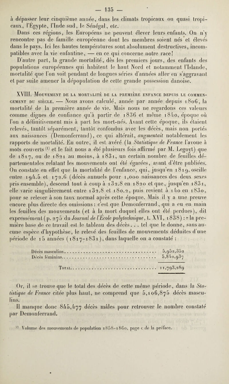 à dépasser leur cinquième année, dans les climats tropicaux ou quasi tropi¬ caux, l’Egypte, l’Inde sud, le Sénégal, etc. Dans ces régions, les Européens ne peuvent élever leurs enfants. On n’y rencontre pas de famille européenne dont les membres soient nés et élevés dans le pays. Ici les hautes températures sont absolument destructives, incom¬ patibles avec la vie enfantine, — en ce qui concerne notre race! D’autre part, la grande mortalité, dès les premiers jours, des enfants des populations européennes qui habitent le haut Nord et notamment l’Islande, mortalité que l’on voit pendant de longues séries d’années aller en s’aggravant et par suite amener la dépopulation de cette grande possession danoise. XVI1J. Mouvement de la mortalité de la première enfance depuis le commen¬ cement du siècle. — Nous avons calculé, année par année depuis 1806, la mortalité de la première année de vie. Mais nous ne regardons ces valeurs comme dignes de confiance qu’à partir de 1 836 et même 18/10, époque où i’011 a définitivement mis à part les mort-nés. Avant cette époque, ils étaient relevés, tantôt séparément, tantôt confondus avec les décès, mais non portés aux naissances (Demonferrand), ce qui altérait, augmentait notablement les rapports de mortalité. En outre, il est avéré (la Statistique de France l’avoue à mots couverts (6 et le fait nous a été plusieurs fois affirmé par M. Legoyt) que de 1817, ou de 1821 au moins, à 1831, un certain nombre de feuilles dé¬ partementales relatant les mouvements ont été égarées, avant d’être publiées. O11 constate en effet que la mortalité de l’enfance, qui, jusqu’en 1819, oscille entre 19/1.5 et 172.6 (décès annuels pour 1,000 naissances des deux sexes pris ensemble), descend tout, à coup à 132.8 en 1820 et que, jusqu’en 1 831, elle varie singulièrement entre i32.8 et 180.2, puis revient à 1/10 en i83o, pour se relever à son taux normal après cette époque. Mais il y a une preuve encore plus directe des omissions: c’est que Demonferrand, qui a eu en main les feuilles des mouvements (et à la mort duquel elles ont été perdues), dit expressément (p. 276 du Journal de ïEcole polytechnique, t. XVI, 1838 ) : ce la pre¬ mière base de ce travail est le tableau des décès. . . tel que le donne, sans au¬ cune espèce d’hypothèse, le relevé des feuilles de mouvements déduites d’une période de 1 5 années ( 1817-1831 ), dans laquelle on a constaté : Décès masculins. 5,952,35a Décès féminins. 5,8/10,937 Total. 11,793,289 Or, il se trouve que le total des décès de cette même période, dans la Sta¬ tistique de France citée plus haut, ne comprend que 5,106,876 décès mascu¬ lins. Il manque donc 8/16,077 décès mâles pour retrouver le nombre constaté par Demonferrand. '•) Volume des mouvements de population i858-i86o, page c de la préface.