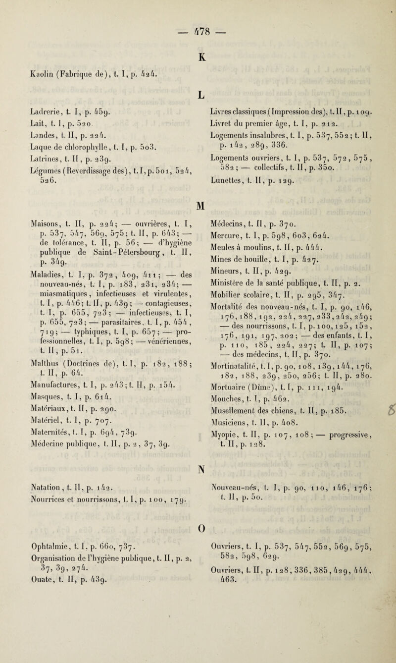 — 478 — K Kaolin (Fabrique de), t. I, p. 624. Ladrerie, t. I, p. 45p. Lait, t. 1, p. 52 0 Landes, t. II, p. 22/1. Laque de chlorophylle, t. I, p. 5o3. Latrines, t. II, p. 2,89. Légomes ( Reverdissage des), 1.1, p. 501, 52 4, 526. Livres classiques (Impression des), t. IT, p. 10p. Livret du premier âge, t. I, p. 212. Logements insalubres, t. I, p. 537, 552 ; t. II, p. 142 , a8p, 336. Logements ouvriers, t. I, p. 537, 672, 5^5 , 082 ; — collectifs, t. II, p. 35o. Lunettes, t. II, p. 12p. M Maisons, t. II, p. 224 ; — ouvrières, t. I, p. 537, 547, 56p, 575; t. II, p. 643; — de tolérance, t. II, p. 56; — d’hygiène publique de Saint-Pétersbourg, t. II, p. 34p. Maladies, t. I, p. 372, 4op, 411 ; — des nouveau-nés, t. I, p. 183, 23i, 234; — miasmatiques, infectieuses et virulentes, t. I, p. 446 ; t. II, p. 43p ; —— contagieuses, t. I, p. 655, 723; — infectieuses, t. I, p. 655, 723 ; — parasitaires, t. I, p. 454 , 71 p ; — typhiques, t. I, p. 667; — pro¬ fessionnelles, t. I, p. 5p8; —vénériennes, t. II, p. 5i. Mallhus (Doctrines de), t. I, p. 182, 188; t. II, p. 64. Manufactures, t. I, p. 243 ; t. II, p. i54. Masques, t. I, p. 614. Matériaux,!. II, p. 2po. Matériel, t. I, p. 707. Maternités, I. I, p. 694 , 73p. Médecine publique, t. II, p. 2, 37, 3p. Médecins, t. Il, p. 370. Mercure, t. I, p. 5p8, 6o3, 624. Meules à moulins, t. II, p. 444. Mines de houille, t. I, p. 427. Mineurs, t. II, p. 42p. Ministère de la santé publique, t. II, p. 2. Mobilier scolaire, t. II, p. 2p5, 347. Mortalité des nouveau-nés, t. I, p. po, 146, 176, l88, 1p2, 22 4, 227, 233,242, 2 4 p; — des nourrissons, t. I, p. 100,126 , i52 , 176, îpi, 1 p7, 202 ; — des enfants, t. I, p. 110, 185 , 224, 227; t. II, p. 107; — des médecins, t. II, p. 370. Mortinatalité, 1.1, p. po, 108, i3p, i44, 176, 182, 188, 23p, 25o, 256; t. II, p. 280. Mortuaire (Dime), t. I, p. 111, 1 p4. Mouches, t. I, p. 462. Musellement des chiens, t. Il, p. i85. Myopie, t. II, p. 107, 108;— progressive, t. II, p. 128. N Natation , t. Il, p. i42. Nourrices et nourrissons, t. I, p. 100, 17p. Nouveau-nés, t. I, p. po, 110, i46, 176; O Ophtalmie, t. I, p. 660, 'jS'j. Organisation de l’hygiène publique, t. II, p. 2, 37, 3p, 274. Ouate, t. II, p. 43p. Ouvriers, t. I, p. 537, 547, 552, 56p, 675, 582, 5p8, 62p. Ouvriers, t. II, p. 128,336, 385,42p, 444, 463. 6