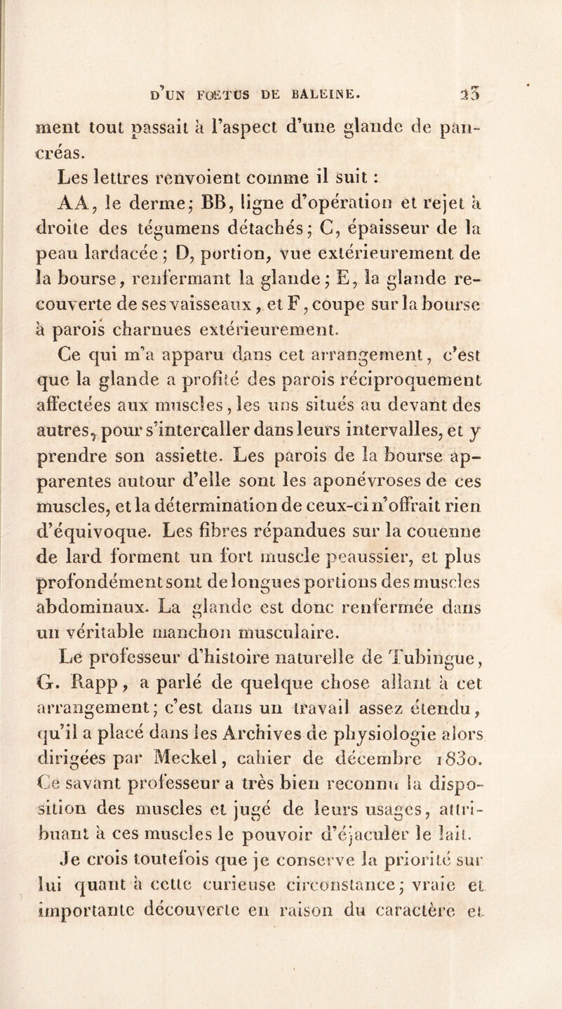 ment tout passait à l’aspect d’une glande de pan- créas. Les lettres renvoient comme il suit : AA, le derme; BB, ligne d’opération et rejet a droite des tégumens détachés; C, épaisseur de la peau lardacée ; D, portion, vue extérieurement de la bourse, renfermant la glande; E, la glande re- couverte de ses vaisseaux, et F, coupe sur la bourse à parois charnues extérieurement. Ce qui m’a apparu dans cet arrangement, c’est que la glande a profité des parois réciproquement affectées aux muscles, les uns situés au devant des autres^pour s’intercaller dans leurs intervalles, et y prendre son assiette. Les parois de la bourse ap- parentes autour d’elle sont les aponévroses de ces muscles, et la détermination de ceux-ci n’offrait rien d’équivoque. Les fibres répandues sur la couenne de lard forment un fort muscle peaussier, et plus profondément sont de longues portions des muscles abdominaux. La glande est donc renfermée dans un véritable manchon musculaire. Le professeur d’histoire naturelle de Tubingue, G. Rapp, a parlé de quelque chose allant a cet arrangement; c’est dans un travail assez étendu, qu’il a placé dans les Archives de physiologie alors dirigées par Meckel, cahier de décembre iS3o. Ce savant professeur a très bien reconnu la dispo- sition des muscles et jugé de leurs usages, attri- buant à ces muscles le pouvoir d’éjaculer le lait. Je crois toutefois que je conserve la priorité sur lui quant à cette curieuse circonstance; vraie et importante découverte en raison du caractère et