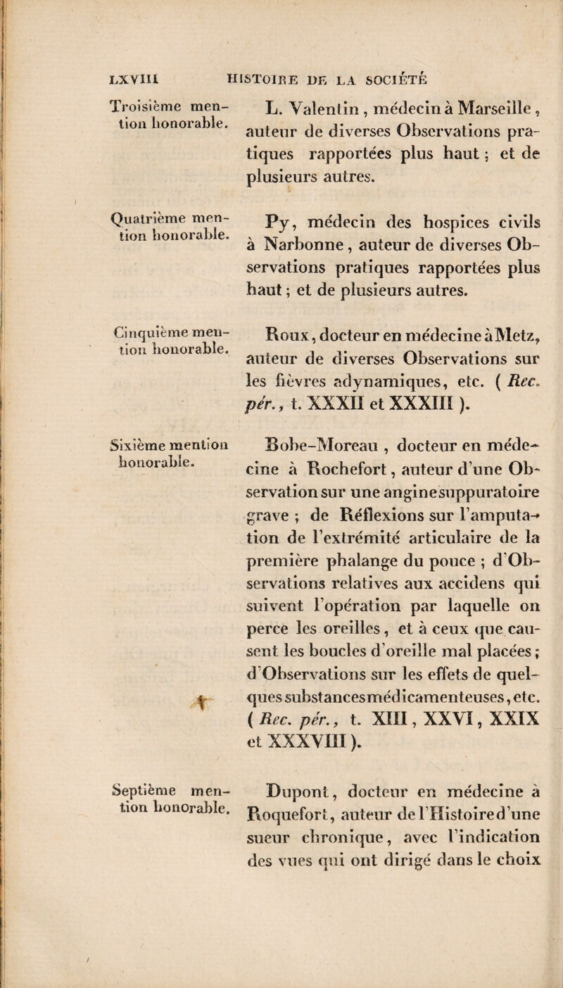 Troisième men¬ tion honorable. Quatrième men¬ tion honorable. Cinquième men¬ tion honorable. Sixième mention honorable. t Septième men¬ tion honorable. L. Valentin, médecin à Marseille, auteur de diverses Observations pra¬ tiques rapportées plus haut ; et de plusieurs autres. Py> médecin des hospices civils à Narbonne, auteur de diverses Ob¬ servations pratiques rapportées plus haut ; et de plusieurs autres. Roux, docteur en médecine àMetz, auteur de diverses Observations sur les fièvres adynamiques, etc. ( Rec» per., t. XXXil et XXXIII ). Bobe-Moreau , docteur en méde¬ cine à Rochefort, auteur d une Ob¬ servation sur une anginesuppuratoire grave ; de Réflexions sur Y amputa-* tion de l’extrémité articulaire de la première phalange du pouce ; d'Ob- servations relatives aux accidens qui suivent l’opération par laquelle on perce les oreilles, et à ceux que cau¬ sent les boucles d’oreille mal placées ; d’Observations sur les effets de quel¬ ques substancesmédicamenteuses, etc. ( Rec. pér., t. XIII, XXVI, XXIX et XXXVIII ). Dupont, docteur en médecine à Roquefort, auteur defflistoired’une sueur chronique, avec l’indication des vues qui ont dirigé dans le choix