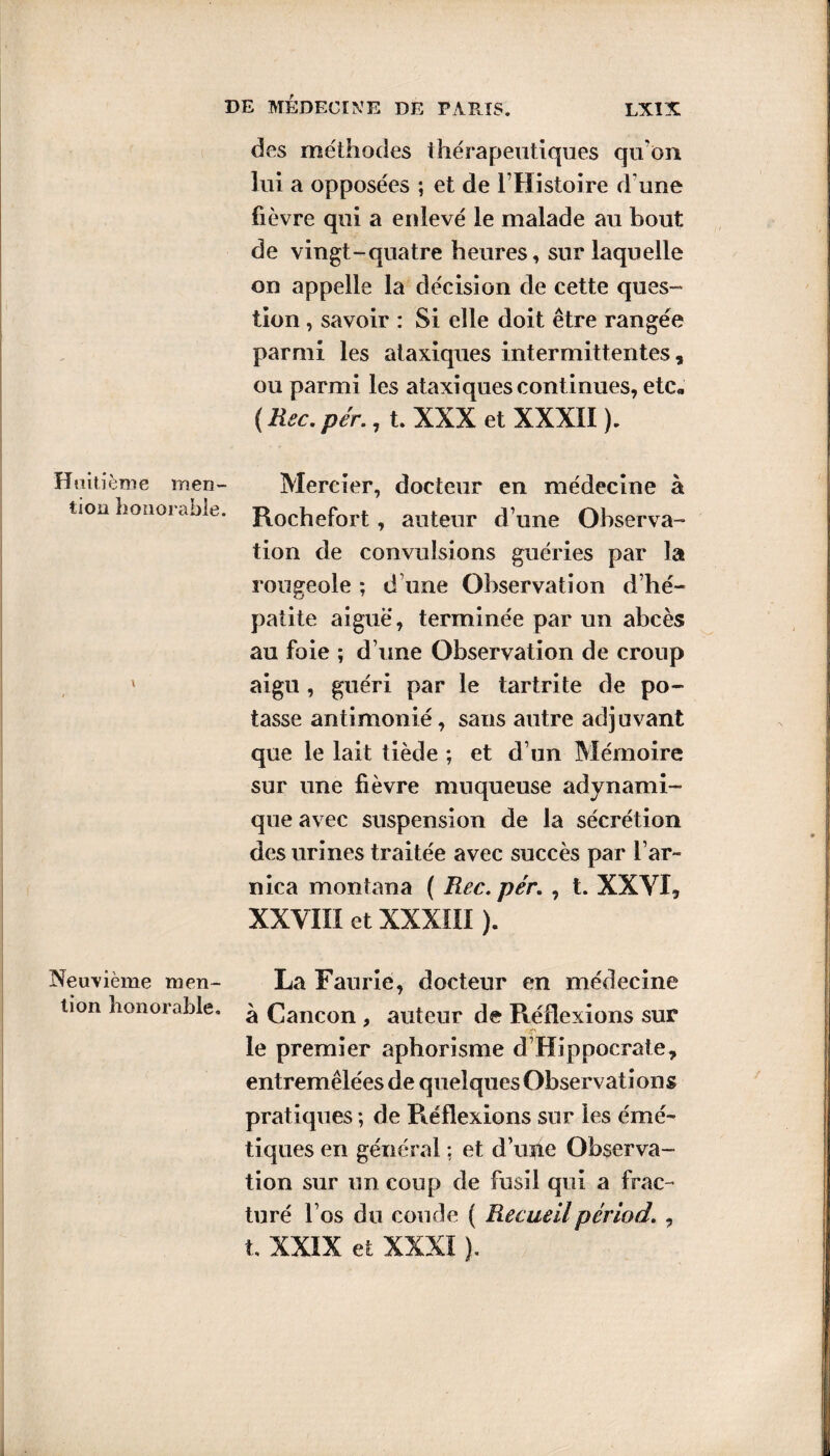 des méthodes thérapeutiques qu’on lui a opposées ; et de l’Histoire d une fièvre qui a enlevé le malade au bout de vingt-quatre heures, sur laquelle on appelle la décision de cette ques¬ tion , savoir : Si elle doit être rangée parmi les ataxiques intermittentes, ou parmi les ataxiques continues, etc, ( Rec. per., t. XXX et XXXII ). Huitième men- Mercier, docteur en médecine à tion houoi cible. Hochefort, auteur d’une Observa¬ tion de convulsions guéries par la rougeole ; d une Observation d’hé¬ patite aiguë, terminée par un abcès au foie ; d’une Observation de croup ' aigu , guéri par le tartrite de po¬ tasse antimonié, sans autre adjuvant que le lait tiède ; et d’un Mémoire sur une fièvre muqueuse adynami- que avec suspension de la sécrétion des urines traitée avec succès par l’ar¬ nica montana ( Rec. pér. , t. XXVI, XXVIII et XXXIII ). Neuvième men- La Faurie, docteur en médecine tion honorable. ^ Cancon , auteur de Réflexions sur le premier aphorisme d’Hippocrate, entremêlées de quelques Observations pratiques ; de Réflexions sur les émé¬ tiques en général ; et d’une Observa¬ tion sur un coup de fusil qui a frac¬ turé l’os du coude ( Recueilpériod. , t, XXIX et XXXI ).