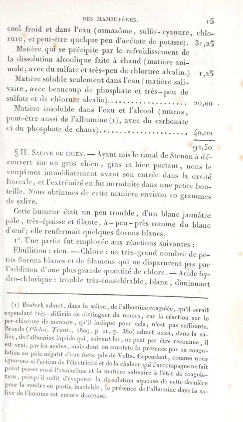 trent ni dans la panse, comme l’admettait Peyer, ni dans le bonnet, comme le pre'tendaient Duverney, Glisson et Bru- gnone. Ils forment une bouillie à demi-fluide, qui passe di¬ rectement dans le feuillet, par la gouttière de l’œsophage. Altérations que les alimens subissent dans le feuillet._ Les alimens qui arrivent dans cet estomac après avoir subi une seconde mastication, et ceux qui y passent directement de la panse et du bonnet, après s’être ramollis assez dans ces deux poches, se répandent entre les nombreuses lames qui garnissent sa face interne. Nous n’avons trouvé, dans le feuillet des veaux, qu’un peu de la partie caséeuse du lait caillé. Chez les bœufs, il y avait une bouillie homogène, d’un gris foncé, composée de fibres de paille et de foin très-divisées et ramollies, et dispo¬ sées elles-mêmes par couches minces entre les feuillets. Le troisième estomac de la brebis nourrie avec de l’herbe conte¬ nait une masse pâteuse, homogène et d’un brun foncé. Il y avait dans celui de la brebis nourrie avec de la paille, une masse brunâtre, composée de paille et de fibres ligneuses , qui était rangée par couches entre les feuillets. Enfin celui de la brebis à laquelle on avait fait manger de l’avoine, était rempli d’une pâtte sèche, consistante, et d’un brun grisâtre, composée de balles d’avoine et de parties farineuses. Le contenu de cet estomac rougissait le tournesol chez les veaux, les bœufs et toutes les brebis , à l’exception de celle qui avait crevé. En le soumettant à l’analyse chimique, on y trouva les substances suivantes : i°. Acide carbonique libre. 11 fut rencontré chez les bœufs et chez la brebis, nourrie avec de la paille. 2°. Acide acétique libre. On le trouva chez la brebis nour¬ rie avec de l’avoine, chez celle qui l’avait été avec de la paille et chez les veaux. 3°. Carbonate d'ammoniaque. 11 y en avait dans le produit de la distillation du contenu du feuillet chez les bœufs et chez la brebis nourrie avec de l’herbe. 4 • Acetate d ammoniaque. Il s’offrit dans les bœufs, dans la biebis nourrie avec de la paille et dans un veau. 5°. Albumine. On 11e la rencontra que chez les veaux