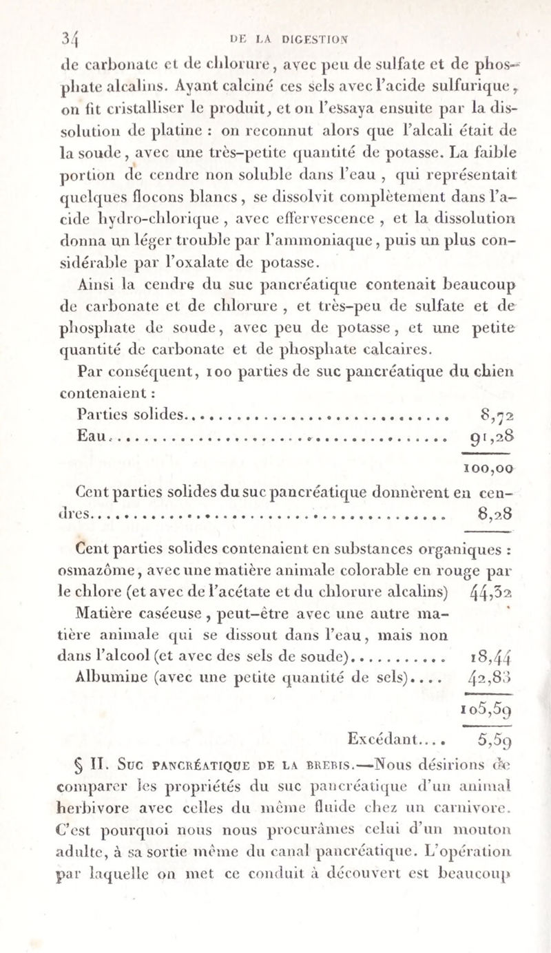 ,(j j DE LA DIGESTION b. Le sérum, d’abord coloré en rouge par du cruor, dé¬ posa celui-ci tout entier dans l’espace de vingt-quatre heures. Alors il parut presque incolore, offrant seulement un très- léger trouble blanc. Après l’avoir évaporé à siccité, on traita le résidu par l’alcool ; la liqueur alcoolique filtrée , qui se troubla par le refroidissement, fut évaporée à siccité. On obtint un résidu d’un brun clair, que l’on traita par l’eau, et la portion que celle-ci laissa intacte fut, après avoir été sécliée, traitée à son tour par l’étlier, qui laissa des flocons bruns non dissous. La dissolution éthérée donna, par l’éva¬ poration , une petite quantité de matière d’un brun clair, qui imprégnait légèrement le papier josepli, et le rendait un peu transparent. Exposée à la chaleur, cette matière de¬ vint visqueuse, sans se liquéfier. En poussant le feu davan¬ tage , elle répandait l’odeur de la graisse, avec celle de la corne bridée. Quoique ces expériences indiquent la présence de la graisse dans le sang de la veine cave inférieure, elles ne démon¬ trent pas précisément le passage du beurre dans ce fluide , tant parce que le sang tiré d’autres vaisseaux abandonna aussi de la graisse à l’alcool, que parce que la quantité de corps gras obtenue dans cette circonstance n’était pas con¬ sidérable. Cependant l’abondance de la graisse dans le chyle, et même dans l’urine, rend très-probable son passage dans le sang. H. L’urine était d’un jaune foncé et trouble. Supposant que c’était de la graisse qui la troublait, nous la filtrâmes. La matière qui resta sur le filtre fut séchée , puis traitée par l’alcool bouillant, après quoi l’on évapora la liqueur al¬ coolique. Il resta , en effet, une graisse brunâtre, qui deve¬ nait onctueuse par la chaleur, imbibait facilement alors le papier josepli, et enfin répandait, en brûlant, d’abord une forte odeur d’urine, puis très-sensiblement celle de la graisse. Il paraît donc que , quand on introduit trop de graisse dans le corps, une partie de cette substance s’échappe par l’urine. C’est là sans doute ce qui fait qu’elle ni peut pas s’accumuler en trop grande quantité dans le sang, et que