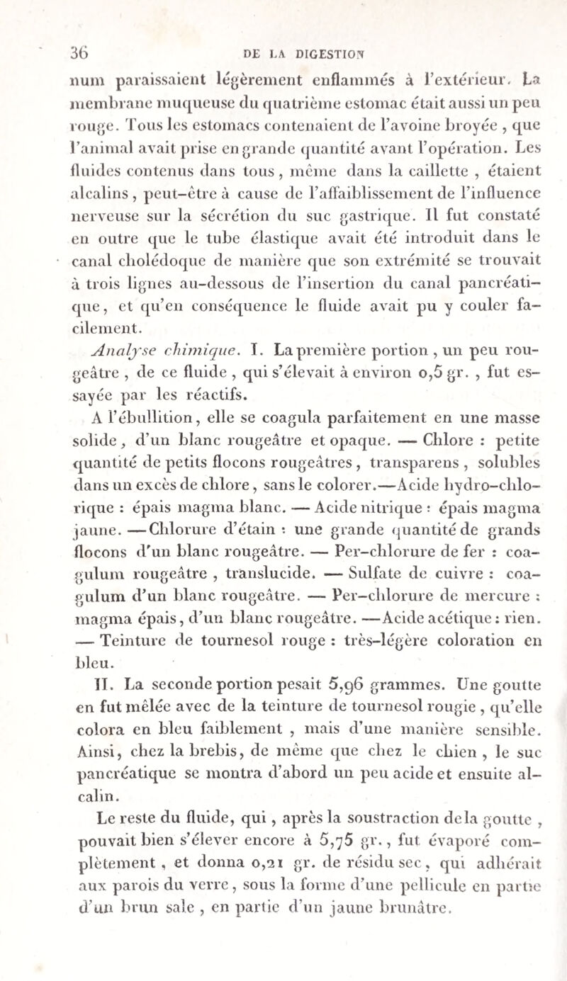 9.5-8 CE J. A DIGESTION l’estomac, qu’elle était en contact avec sa face interne; on agit de même avec du pain et une pièce de l’estomac ; 5°. un troisième morceau d’estomac fut plongé dans du lait ; 6°. on mit un morceau de viande pareil au précédent dans de l’eau; rj°. enfin, on plongea un morceau de pain sem¬ blable au premier dans de l’eau. Les sept vases furent placés dans une tasse pleine d’eau , dont on fit en sorte de tenir la température entre 3oet 4o degrés C., pendant huit heures. Ce laps de temps écoulé , on trouva ce qui suit : La viande du premier vase était convertie , à la surface, en une bouillie d’un blanc rougeâtre , très-molle , et facile à racler. Celle du troisième n’offrait pas d'enduit semblable ; tout au plus était-elle un peu plus molle que celle du sixième , qui se trouvait dans de l’eau pure. Cette dernière était dure , tenace, et l’on n’en pouvait rien détacher en la raclant. Le pain du second vase était converti en une masse blanchâtre et molle , facile à racler. Celui du quatrième était presqu’au- tant ramolli. Celui du septième était bien devenu également plus blanc et plus mou , mais il ne paraissait pas l’être autant que celui du second vase. Le lait du cinquième était resté par¬ faitement liquide , et avait seulement produit quelques pel¬ licules. Exjj. xxxie. —dvec le suc gastrique d'un chien qui avait mangé des os. —On donna en abondance des os et des car¬ tilages à un chien qui avait jeûné pendant une journée , et que l’on tua une heure et demie après. L’estomac était encore rempli d’os , et il contenait une grande quantité d’un li¬ quide blanchâtre et trouble. On mit le contenu de ce vis¬ cère sur un morceau de toile , pour en exprimer le fluide r dont on obtint de cette manière près de soixante - deux grammes. Alors on mit dans de petits verres couverts d’une plaque de verre : i°. du suc gastrique et du bœuf cru ; 2°. du suc gastrique et du blanc d’œuf durci ; 3°. de l’eau et du bœuf ; 4°. de l’eau et du blanc d’œuf; 5°. de l’eau, dix gouttes de vi¬ naigre distillé et du bœuf ; 6°. de l’eau , dix gouttes de vinai¬ gre distillé et du blanc d’œuf. On observa partout les mêmes proportions à-peu-près, et l’on plaça les verres dans un