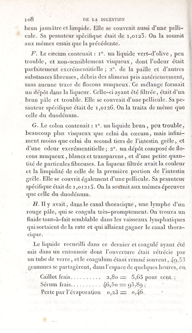 • ) 129 * oans l’alcool absolu et DAlXS l’eau. l’empyreume animal. Cette odeur était mêlée de douceâtre dans la li- ondue et se dissolvait presque toute entière dans l’eau. La portion in— le carbonate de chaux. La solution aqueuses de la cendre produisit les GRELE. COECUM. COLON second tier*. dernier tiers. Très-forte coloration en bleu. Forte coloration en bleu. Très-forte coloration en bleu. Très-forte coloration B en bleu. Effervescence consi¬ dérable. Légère effervescence. Effervescence consi¬ dérable. B Effervescence consi- fj dérable. B 0 0 / 0 0 Trouble médiocre. Trouble très-léger. Trouble très-léger. Trouble très-léger. 1 Tès - grande quan¬ tité de flocons. Petite quantité de flocons. Quantité médiocre de flocons. Grande quantité de jjf flocons. ’récipité abondant. Précipité médiocre. Précipité médiocre. Précipité médiocre, fl ances cuvantes : i°. ostnazome ( d’apres sa manière de se comporter avec les sels estomac, mais bien dans toutes les autres portions du canal; elle était dissoute dans .e soude; e le était précipitable par les acides minéraux); 3°. une matière qui rougit -estomac et le duodénum); 5°. du carbonate de soude ( depuis le second tiers de Pin- /jup de chlorure de sodium (avec de la potasse).