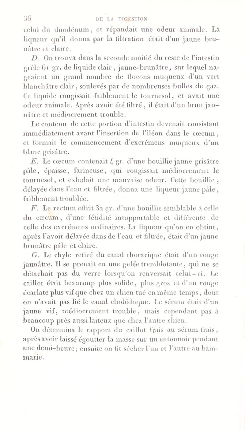 celui ulu «luoclcnum, et. répandait une odeur animale. Là liqueur (|u’il donna par la filtration était d’un jaune bru¬ nâtre et claire. D. On trouva dans la seconde moitié du reste de l’intestin ^rèle 6r gr. de liquide clair , jaune-brunâtre^ sur lequel na¬ geaient un grand nombre de flocons muqueux d’un vert blancliâtre clair, soulevés par de nombreuses bulles de gaz. Ce liquide rougissait faiblement le tournesol, et avait une odeur animale. Après avoir été filtré , U était d’un brun jau¬ nâtre et médiocrement trouble. Le contenu de cette portion d’intestin devenait consistant immédiatement avant l’insertion de l’iléon dans le cæcum, et formait le commencement d’excrémens muqueux d’un blanc grisâtre. E. Le cæcum contenait 4 gT. d’une bouillie jaune grisâtre pâle, épaisse, farineuse, qui rougissait médiocrement le tournesol, et exhalait une mauvaise odeur. Cette bouillie , délayée dans l’eau et filtrée, donna une liqueur jaune pâle, faiblement troublée. F. Le rectum offrit 32 gr. d’une bouillie semblable à celle du cæcum, d’une fétidité insupportable et différente de celle des excrémens ordinaires. La liqueur qu’on en obtint, après l’avoir délayée dans de l’eau et filtrée, était d’un jaune brunâtre pâle et claire. G. Le chyle retiré du canal thoracique était d’un rouge jaunâtre. Il se prenait en une gelée tremblotante, qui ne se détachait pas du verre lorsqu’on renversait celui-ci. Le caillot était beaucoup plus solide, plus gros et d’un rouge écarlate plus vif c[ue chez un chien tué en même temps, dont on n’avait pas lié le canal cholédoque. Le sérum était d’un jaune vif, médiocrement trouble, mais cependant pas à beaucoup près aussi laiteux que chez l’autre cJiien. On détermina le rapport du caillot ffais au sérum frais, après avoir laissé égoutter la masse sur un entonnoir pendant une demi-heure; ensuite on fit sécher l’un et l’autre au liain- marie.