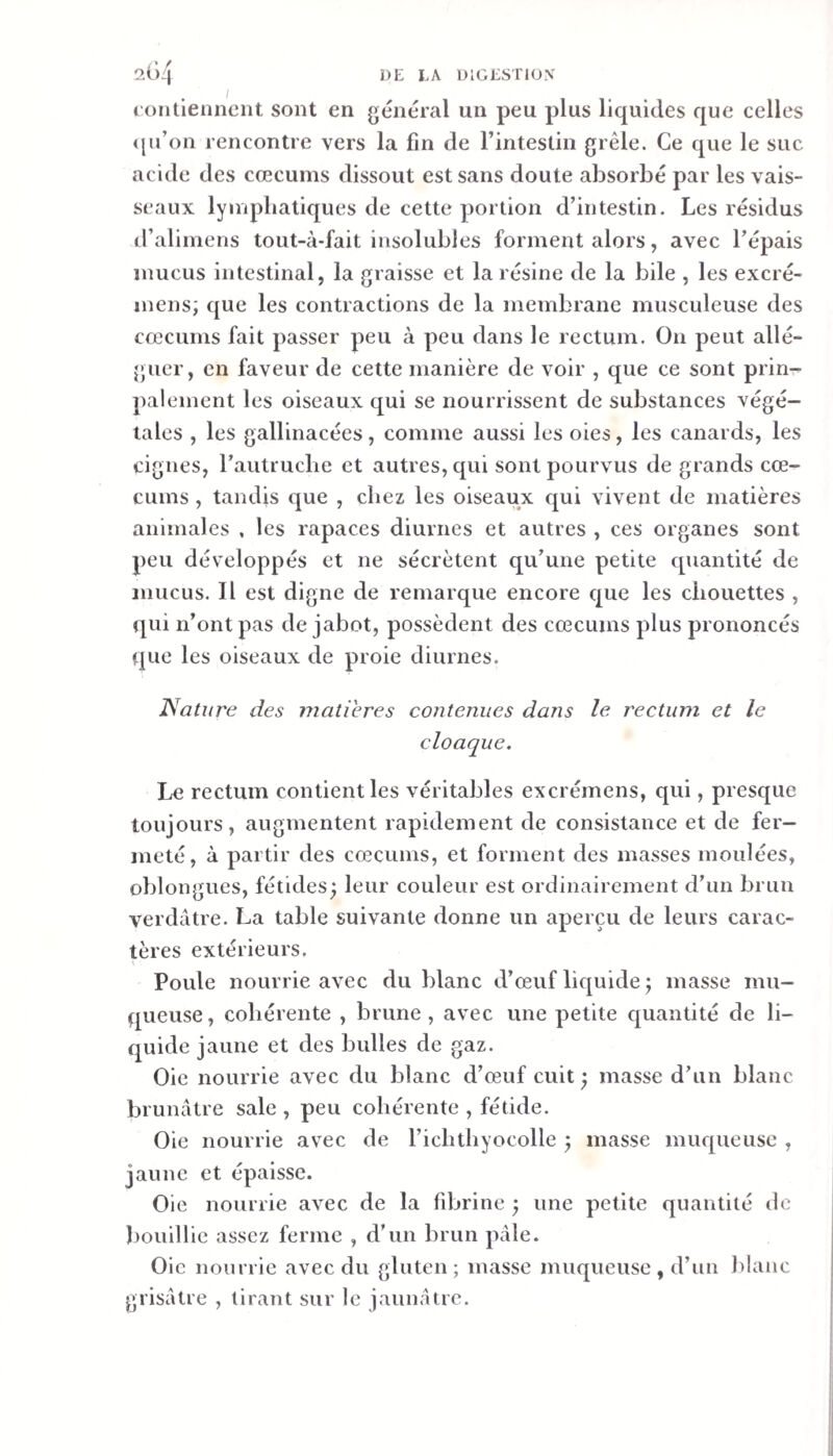 contiennent sont en général un peu plus liquides que celles &lt;|u’on rencontre vers la fin de l’intestin grêle. Ce que le suc acide des cæcums dissout est sans doute absorbé par les vais¬ seaux lymphatiques de cette portion d’intestin. Les résidus iralimens tout-à-fait insolubles forment alors, avec l’épais mucus intestinal, la graisse et la résine de la bile , les excré- inens; que les contractions de la membrane musculeuse des cæcums fait passer peu à peu dans le rectum. On peut allé¬ guer, en faveur de cette manière de voir , que ce sont prin- palement les oiseaux qui se nourrissent de substances végé¬ tales , les gallinacées, comme aussi les oies, les canards, les ciguës, l’autruche et autres, qui sont pourvus de grands cæ¬ cums , tandis que , chez les oiseaux qui vivent de matières animales . les rapaces diurnes et autres , ces organes sont peu développés et ne sécrètent qu’une petite quantité de mucus. Il est digne de remarque encore que les chouettes , qui n’ont pas de jabot, possèdent des cæcums plus prononcés que les oiseaux de proie diurnes. Nature des matières contenues dans le rectum et le cloaque. Le rectum contient les véritables excrémens, qui, presque toujours, augmentent rapidement de consistance et de fer¬ meté, à partir des cæcums, et forment des masses moulées, oblongues, fétides; leur couleur est ordinairement d’un brun verdâtre. La table suivante donne un aperçu de leurs carac¬ tères extérieurs. Poule nourrie avec du blanc d’æuf liquide ; masse mu¬ queuse, cohérente , brune, avec une petite quantité de li¬ quide jaune et des bulles de gaz. Oie nourrie avec du blanc d’æuf cuit ; masse d’un blanc brunâtre sale , peu cohérente , fétide. Oie nourrie avec de richthyocolle ; masse muqueuse , jaune et épaisse. Oie nourrie avec de la fdjrine ; une petite quantité de Jjouillie assez ferme , d’un brun pâle. Oie nourrie avec du gluten; masse muqueuse, d’un blanc grisâtre , tirant sur le jaunâtre.