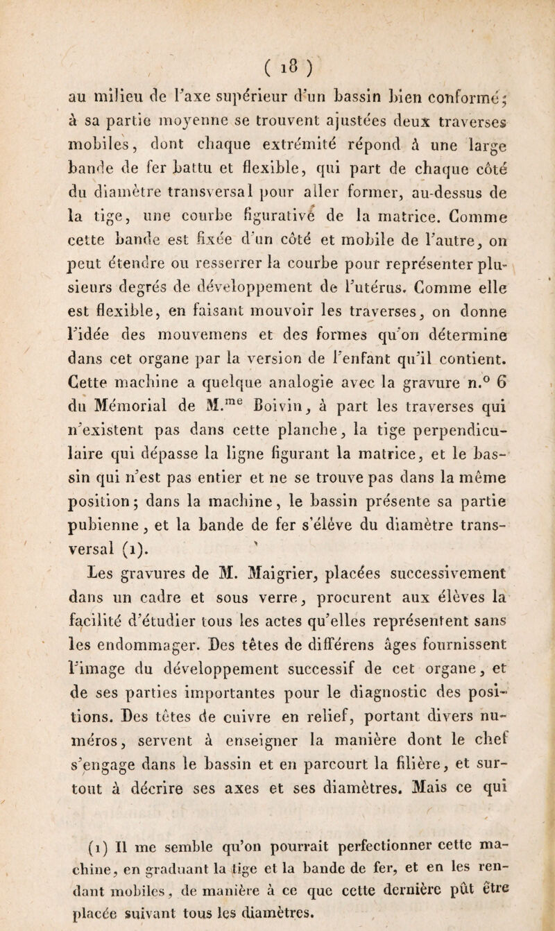 au milieu de l'axe supérieur d'un bassin bien conforme; à sa partie moyenne se trouvent ajustées deux traverses mobiles, dont chaque extrémité répond à une large bande de fer battu et flexible, qui part de chaque côté du diamètre transversal pour aller former, au-dessus de la tige, une courbe figurative de la matrice. Comme cette bande est fixée d'un côté et mobile de l'autre, on peut étendre ou resserrer la courbe pour représenter plu¬ sieurs degrés de développement de l'utérus. Comme elle est flexible, en faisant mouvoir les traverses, on donne l'idée des mouvemens et des formes qu'on détermine dans cet organe par la version de l'enfant qu'il contient. Cette machine a quelque analogie avec la gravure n.° 6 du Mémorial de M.rae Boivin, à part les traverses qui n'existent pas dans cette planche, la tige perpendicu¬ laire qui dépasse la ligne figurant la matrice, et le bas¬ sin qui n'est pas entier et ne se trouve pas dans la môme position; dans la machine, le bassin présente sa partie pubienne, et la bande de fer s’élève du diamètre trans¬ versal (1). Les gravures de M. Maigrier, placées successivement dans un cadre et sous verre, procurent aux élèves la facilité d'étudier tous les actes qu'elles représentent sans les endommager. Des têtes de diflerens âges fournissent l'image du développement successif de cet organe, et de ses parties importantes pour le diagnostic des posi¬ tions. Les tètes de cuivre en relief, portant divers nu¬ méros, servent à enseigner la manière dont le chef s'engage dans le bassin et en parcourt la filière, et sur¬ tout à décrire ses axes et ses diamètres. Mais ce qui ' ✓ (1) Il me semble qu’on pourrait perfectionner cette ma¬ chine, en graduant la tige et la bande de fer, et en les ren¬ dant mobiles, de manière à ce que cette dernière pût être placée suivant tous les diamètres.