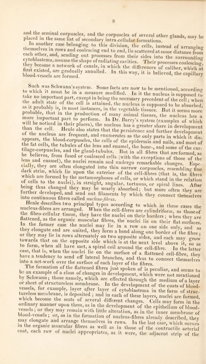 and the semiiiiil corpuscles, and the corpuscles of several other ^hinds may be placed in the same list of secondary intra-celliilar formations. ’ In another case belonging to this division, the cells, instead of arraiiP-inff themselves in rows and coalescing end to end, lie scattered at some distance from each other, and, sending out processes from their sides into the surrounding cy toblastema, assume the shape of radiating cavities. Their processes coalescing tliey become a network of canals, in which the differences of caliber which ft to thtlM? nfn JT ' mentioned, according to whicli It must be in a measure modihed. In it the nucleus is supposed tS tlt^iXl\'sHte''if precedent of the cf 11; when •IS I’l n n n* • attained, the nucleus is supposed to be absorbed mXfble vegetable tissues But it seems more piobable, that m the production of many animal tissues, the nucleus has a more important part to perform. In Dr. Barry’s system (examples of whicii tlnn\‘'lirre‘ll'^ ‘”hpT '''‘s it greatei- share in development of he m.cfe is f persistence and further development 01 the Qhcleus are frequent, and enumerates as the only parts in wliich t dis- irSrk rthe7‘‘hTP“f '^Pitlennifa’^nd nails, and mLrof the tat cells, the tubules of the lens and enamel, the bone-, and some of the car he “fgland-tubules. ]!ut in all fibres that are formed as e believes, from fused or coalesced cells (with the e-sceptions of those of the lens and enamel), the nuclei remain and undergo remarkable chan<res Espe! ‘‘I'i ‘It' nai-i-ow corpuscles, resemblino- fihie daik strne which he upon the exterior of the cell-fibres (that is, tlie fibres of Pells“'tn^theV ‘‘'.“’“‘^'''.ojPl'oses of cells, or which stand in the relation ot cells to the nuclei), in straight, angular, tortuous, or spiral lines. AfUr being thus changed they may be nearly absorbed; but more often they are further developed, and send out filaments by which they connect themselves into continuous fibres called nucleus-fibres, Henle describes two principal types according to which in these cases the nucleus.fibres are an-anged VYhen the cell-fibres are cylindriform, as those of he fibro-cellular tissue, they have the nuclei on their borders ; when they are flattened, as the organic muscular fibres, the nuclei lie on their flat surfaces In the former case the nuclei may lie in a row on one side only, and as t my elongate and are united, they form a band along one border of Bie fibre 01 they may he in rows alternately on two opposite sides, and each may jrrovv towards that on the opposite side which is at the next level above it fo as to form, when all have met, a spiral coil around the cell-fibre. In the latter case, that is, when the nuclei he on the surface of a flattened cell-fibre they have a tendency to send off lateral branches, and thus to connect themselves into^ a net-work over the surface of each layer of the fibres. The formation of the flattened fibres just spoken of is peculiar, and seems to be an example of a class of changes in development, which were not mentioned y Schwann ; those namely, vyhich are effected through the medium of a layer or sheet of structureless membrane. In the development of the coats of blood¬ vessels, for example, ayer after layer of cytoblastema in the form of struc¬ tureless membrane, is deposited ; and in each of these layers, nuclei are formed, w hich become the seats ot several different changes. Cells may form in the ordinary manner upon them, as in the development of the epithelium of blood- ^ reinain with little alteration, as in the inner membrane of n .vX ‘'i ''' fonnation of nucleus-fibres already described, they may elongate and arrange themselves in rows. In the last case, whicli occurs in the organic muscular fibres as well as in those of the contractile arterial coat, each row of nuclei appropriates, as it were, the adjacent strip of the