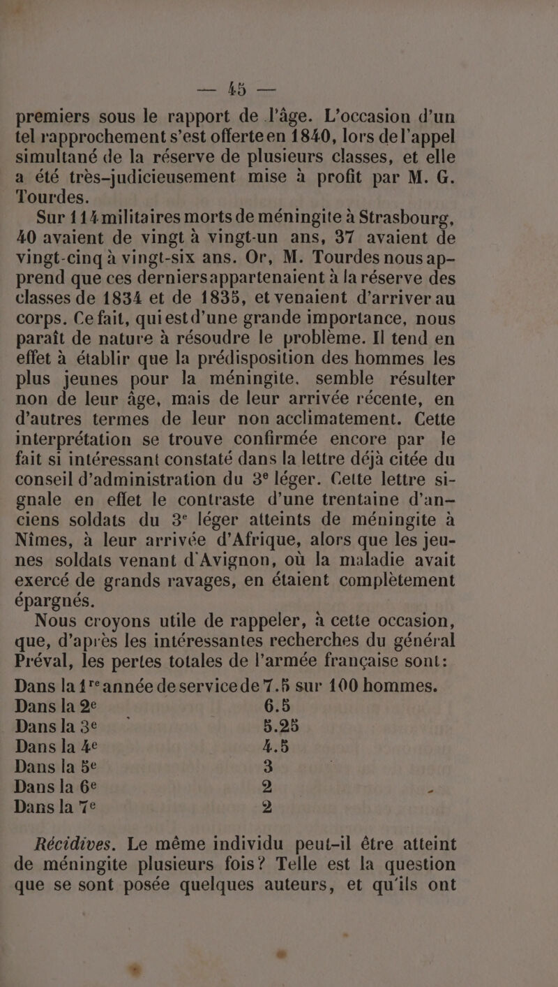 Sy ieRte premiers sous le rapport de l’âge. L'occasion d’un tel rapprochement s’est offerte en 1840, lors de l'appel simultané de la réserve de plusieurs classes, et elle a été très-judicieusement mise à profit par M. G. Tourdes. Sur {14 militaires morts de méningite à Strasbourg, 40 avaient de vingt à vingt-un ans, 37 avaient de vingt-cinq à vingt-six ans. Or, M. Tourdes nous ap- prend que ces derniersappartenaient à la réserve des classes de 1834 et de 1835, et venaient d'arriver au corps. Ce fait, quiest d’une grande importance, nous paraît de nature à résoudre le problème. Il tend en effet à établir que la prédisposition des hommes les plus jeunes pour la méningite. semble résulter non de leur âge, mais de leur arrivée récente, en d’autres termes de leur non acclimatement. Cette interprétation se trouve confirmée encore par le fait si intéressant constaté dans la lettre déjà citée du conseil d'administration du 3° léger. Cette lettre si- gnale en eflet le contraste d’une trentaine d’an- ciens soldats du 3° léger atteints de méningite à Nîmes, à leur arrivée d'Afrique, alors que les jeu- nes soldats venant d'Avignon, où la maladie avait exercé de grands ravages, en étaient complètement épargnés. Nous croyons utile de rappeler, à cette occasion, que, d’après les intéressantes recherches du général Préval, les pertes totales de l’armée française sont: Dans la {'°année de service de 7.5 sur 100 hommes. Dans la 2e 6.5 Dansla3e 5.25 Dans la 4e 4.5 Dans la 5e 3 Dans la 6e 2 ' Dans la 7° 2 Récidives. Le même individu peut-il être atteint de méningite plusieurs fois? Telle est la question que se sont posée quelques auteurs, et qu'ils ont