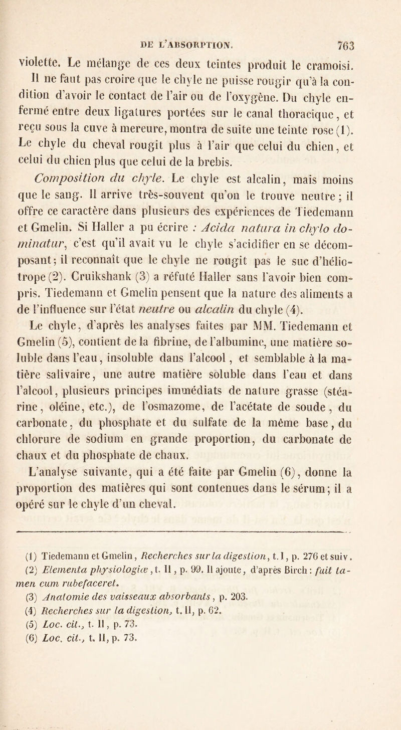 violette. Le mélange de ces deux teintes produit le cramoisi. Il ne faut pas croire que le chyle ne puisse rougir qu’à la con- dition d’avoir le contact de l’air ou de l’oxygène. Du chyle en- fermé entre deux ligatures portées sur le canal thoracique, et reçu sous la cuve à mercure, montra de suite une teinte rose (1). Le chyle du cheval rougit plus à l’air que celui du chien, et celui du chien plus que celui de la brebis. Composition du chyle. Le chyle est alcalin, mais moins que le sang. Il arrive très-souvent qu’on le trouve neutre ; il offre ce caractère dans plusieurs des expériences de Tiedemann et Gmelin. Si Haller a pu écrire ; Jcida natiira in chylo do- minâtar^ qu’il avait vu le chyle s’acidifier en se décom- posant; il reconnaît que le chyle ne rougit pas le suc d’hélio- trope (2). Cruikshank (3) a réfuté Haller sans l'avoir bien com- pris. Tiedemann et Gmelin pensent que la nature des aliments a de l’influence sur l’état neutre ou alcalin du chyle (4). Le chyle, d’après les analyses faites par MM. Tiedemann et Gmelin(5), contient delà fibrine, del’albinnine, une matière so- luble dans l’eau, insoluble dans l’alcool, et semblable à la ma- tière salivaire, une autre matière soluble dans l’eau et dans l’alcool, plusieurs principes immédiats de nature grasse (stéa- rine, oléine, etc.), de l’osmazome, de l’acétate de soude, du carbonate, du phosphate et du sulfate de la même base, du chlorure de sodium en grande proportion, du carbonate de chaux et du phosphate de chaux. L’analyse suivante, qui a été faite par Gmelin (6), donne la proportion des matières qui sont contenues dans le sérum; il a opéré sur le chyle d’un cheval. (1) Tiedemann et Gmelin, Recherches sur la digestion^ 1.1, p. 276 et suiv. (2) Elementa phfsiologiœ 11, p. 99,11 ajoute, d’après Birch: fait la- men cum rabefaceret. (3) Jnaiomie des vaisseaux absorbants, p. 203, (4) Recherches sur la digestion, t. Il, p. 62. (5) Loc. cil., t. 11, p. 73. (6) Loc, cit., t. 11, p. 73.