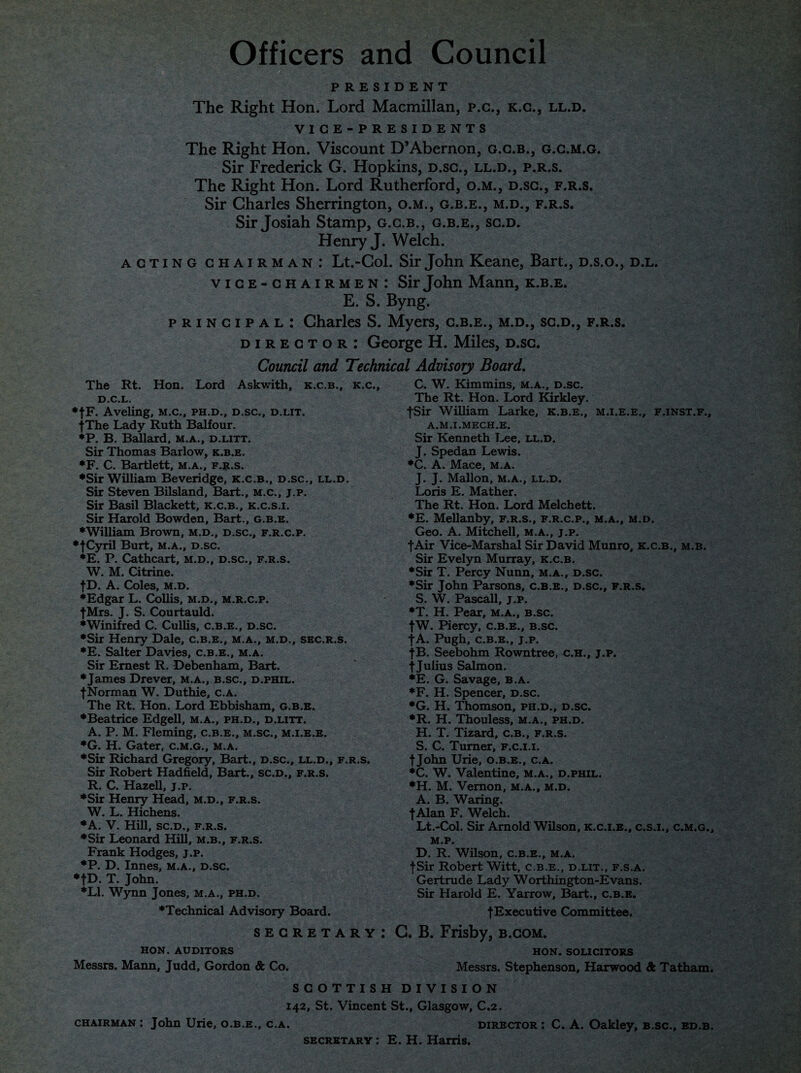 Officers and Council PRESIDENT The Right Hon. Lord Macmillan, p.c., k.c., ll.d. VICE-PRESIDENTS The Right Hon. Viscount D’Abernon, g.c.b., g.c.m.g. Sir Frederick G. Hopkins, d.sc., ll.d., p.r.s. The Right Hon. Lord Rutherford, o.m., d.sc., f.r.s. Sir Charles Sherrington, o.m., g.b.e., m.d., f.r.s. Sir Josiah Stamp, g.c.b., g.b.e., sc.d. Henry J. Welch. acting chairman: Lt.-Col. Sir John Keane, Bart., d.s.o., d.l. vice-chairmen: Sir John Mann, k.b.e. E. S. Byng. principal: Charles S. Myers, c.b.e., m.d., sc.d., f.r.s. director: George H. Miles, d.sc. Council and Technical Advisory Board. The Rt. Hon. Lord Askwith, k.c.b., k.c d.c.l. *fF. Aveling, m.c., ph.d., d.sc., d.lit. fThe Lady Ruth Balfour. *P. B. Ballard, m.a., d.litt. Sir Thomas Barlow, k.b.e. *F. C. Bartlett, m.a., f.r.s. •Sir William Beveridge, k.c.b., d.sc., ll.d. Sir Steven Bilsland, Bart., m.c., j.p. Sir Basil Blackett, k.c.b., k.c.s.i. Sir Harold Bowden, Bart., g.b.e. •William Brown, m.d., d.sc., f.r.c.p. •fCyril Burt, m.a., d.sc. *E. P. Cathcart, m.d., d.sc., f.r.s. W. M. Citrine. fD. A. Coles, m.d. •Edgar L. Collis, m.d., m.r.c.p. fMrs. J. S. Courtauld. •Winifred C. Cullis, c.b.e., d.sc. •Sir Henry Dale, c.b.e., m.a., m.d., sec.r.s. *E. Salter Davies, c.b.e., m.a. Sir Ernest R. Debenham, Bart. •James Drever, m.a., b.sc., d.phil. fNorman W. Duthie, c.a. The Rt. Hon. Lord Ebbisham, g.b.e. •Beatrice Edgell, m.a., ph.d., d.litt. A. P. M. Fleming, c.b.e., m.sc., m.i.e.e. •G. H. Gater, c.m.g., m.a. •Sir Richard Gregory, Bart., d.sc., ll.d., f.r.s. Sir Robert Hadfield, Bart., sc.d., f.r.s. R. C. Hazell, j.p. •Sir Henry Head, m.d., f.r.s. W. L. Hichens. •A. V. Hill, SC.D., F.R.S. •Sir Leonard Hill, m.b., f.r.s. Frank Hodges, j.p. •P. D. Innes, m.a., d.sc. •fD. T. John. *L1. Wynn Jones, m.a., ph.d. •Technical Advisory Board. SECRETARY HON. AUDITORS Messrs. Mann, Judd, Gordon & Co. S C O T T I S C. W. Kimmins, m.a., d.sc. The Rt. Hon. Lord Kirkley. fSir William Larke, k.b.e., m.i.e.e., f.inst.f., a.m.i.mech.e. Sir Kenneth Lee, ll.d. J. Spedan Lewis. *C. A. Mace, m.a. J. J. Mallon, M.A., LL.D. Loris E. Mather. The Rt. Hon. Lord Melchett. •E. Mellanby, f.r.s., f.r.c.p., m.a., m.d. Geo. A. Mitchell, m.a., j.p. fAir Vice-Marshal Sir David Munro, k.c.b., m.b. Sir Evelyn Murray, k.c.b. •Sir T. Percy Nunn, m.a., d.sc. •Sir John Parsons, c.b.e., d.sc., f.r.s. S. W. Pascall, j.p. *T. H. Pear, m.a., b.sc. JW. Piercy, c.b.e., b.sc. f A. Pugh, c.b.e., j.p. fB. Seebohm Rowntree, c.h., j.p. f Julius Salmon. *E. G. Savage, b.a. *F. H. Spencer, d.sc. •G. H. Thomson, ph.d., d.sc. •R. H. Thouless, m.a., ph.d. H. T. Tizard, c.b., f.r.s. S. C. Turner, f.c.i.i. fjohn Urie, o.b.e., c.a. *C. W. Valentine, m.a., d.phil. •H. M. Vernon, m.a., m.d. A. B. Waring. JAlan F. Welch. Lt.-Col. Sir Arnold Wilson, k.c.i.e., c.s.i., c.m.g., M.P. D. R. Wilson, c.b.e., m.a. f Sir Robert Witt, c.b.e., d.lit., f.s.a. Gertrude Lady Worthington-Evans. Sir Harold E. Yarrow, Bart., c.b.e. f Executive Committee. : G. B. Frisby, b.com. HON. SOLICITORS Messrs. Stephenson, Harwood & Tatham. H DIVISION CHAIRMAN : 142, St. Vincent St., Glasgow, C.2. John Urie, o.b.e., c.a. director : C. A. Oakley, b.sc., ed.b. secretary : E. H. Harris.