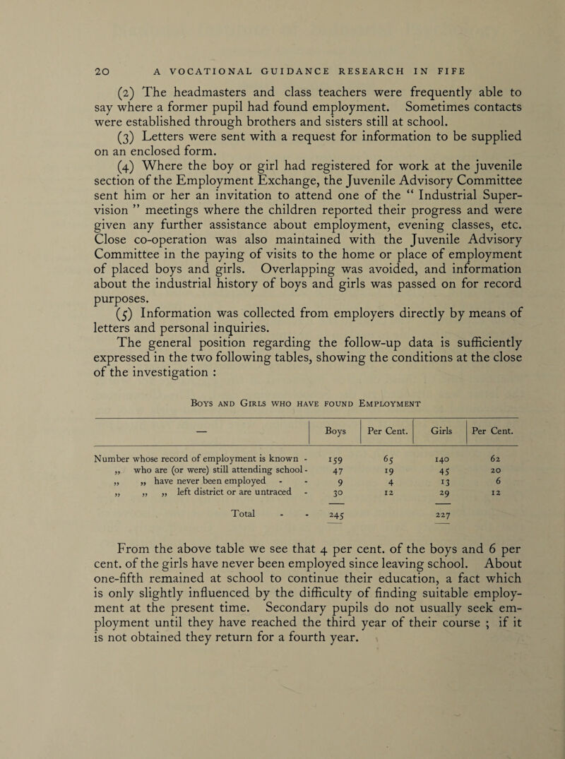 (2) The headmasters and class teachers were frequently able to say where a former pupil had found employment. Sometimes contacts were established through brothers and sisters still at school. (3) Letters were sent with a request for information to be supplied on an enclosed form. (4) Where the boy or girl had registered for work at the juvenile section of the Employment Exchange, the Juvenile Advisory Committee sent him or her an invitation to attend one of the “ Industrial Super¬ vision ” meetings where the children reported their progress and were given any further assistance about employment, evening classes, etc. Close co-operation was also maintained with the Juvenile Advisory Committee in the paying of visits to the home or place of employment of placed boys and girls. Overlapping was avoided, and information about the industrial history of boys and girls was passed on for record purposes. (5) Information was collected from employers directly by means of letters and personal inquiries. The general position regarding the follow-up data is sufficiently expressed in the two following tables, showing the conditions at the close of the investigation : Boys and Girls who have found Employment — Boys Per Cent. Girls Per Cent Number whose record of employment is known - I59 65 140 62 „ who are (or were) still attending school- 47 !9 45 20 „ „ have never been employed 9 4 13 6 „ „ „ left district or are untraced 30 12 29 12 Total 245 227 From the above table we see that 4 per cent, of the boys and 6 per cent, of the girls have never been employed since leaving school. About one-fifth remained at school to continue their education, a fact which is only slightly influenced by the difficulty of finding suitable employ¬ ment at the present time. Secondary pupils do not usually seek em¬ ployment until they have reached the third year of their course ; if it is not obtained they return for a fourth year.