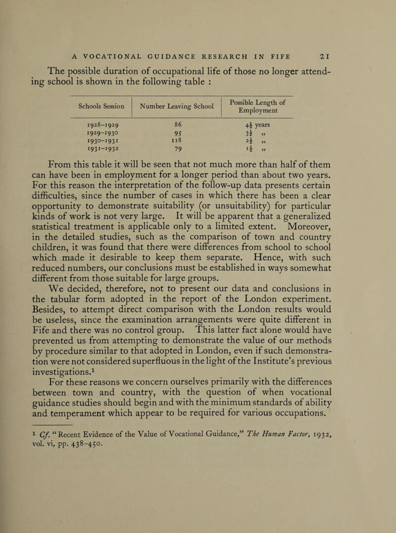 The possible duration of occupational life of those no longer attend¬ ing school is shown in the following table : Schools Session Number Leaving School Possible Length Employment 1928-1929 86 4-i years I929_I93° 95 3i 193°—I931 118 >> 1931—193 2 79 From this table it will be seen that not much more than half of them can have been in employment for a longer period than about two years. For this reason the interpretation of the follow-up data presents certain difficulties, since the number of cases in which there has been a clear opportunity to demonstrate suitability (or unsuitability) for particular kinds of work is not very large. It will be apparent that a generalized statistical treatment is applicable only to a limited extent. Moreover, in the detailed studies, such as the comparison of town and country children, it was found that there were differences from school to school which made it desirable to keep them separate. Hence, with such reduced numbers, our conclusions must be established in ways somewhat different from those suitable for large groups. We decided, therefore, not to present our data and conclusions in the tabular form adopted in the report of the London experiment. Besides, to attempt direct comparison with the London results would be useless, since the examination arrangements were quite different in Fife and there was no control group. This latter fact alone would have prevented us from attempting to demonstrate the value of our methods by procedure similar to that adopted in London, even if such demonstra¬ tion were not considered superfluous in the light of the Institute’s previous investigations.1 For these reasons we concern ourselves primarily with the differences between town and country, with the question of when vocational guidance studies should begin and with the minimum standards of ability and temperament which appear to be required for various occupations. 1 Cf. “Recent Evidence of the Value of Vocational Guidance,” The Human Factory 1932, vol. vi, pp. 438-450.