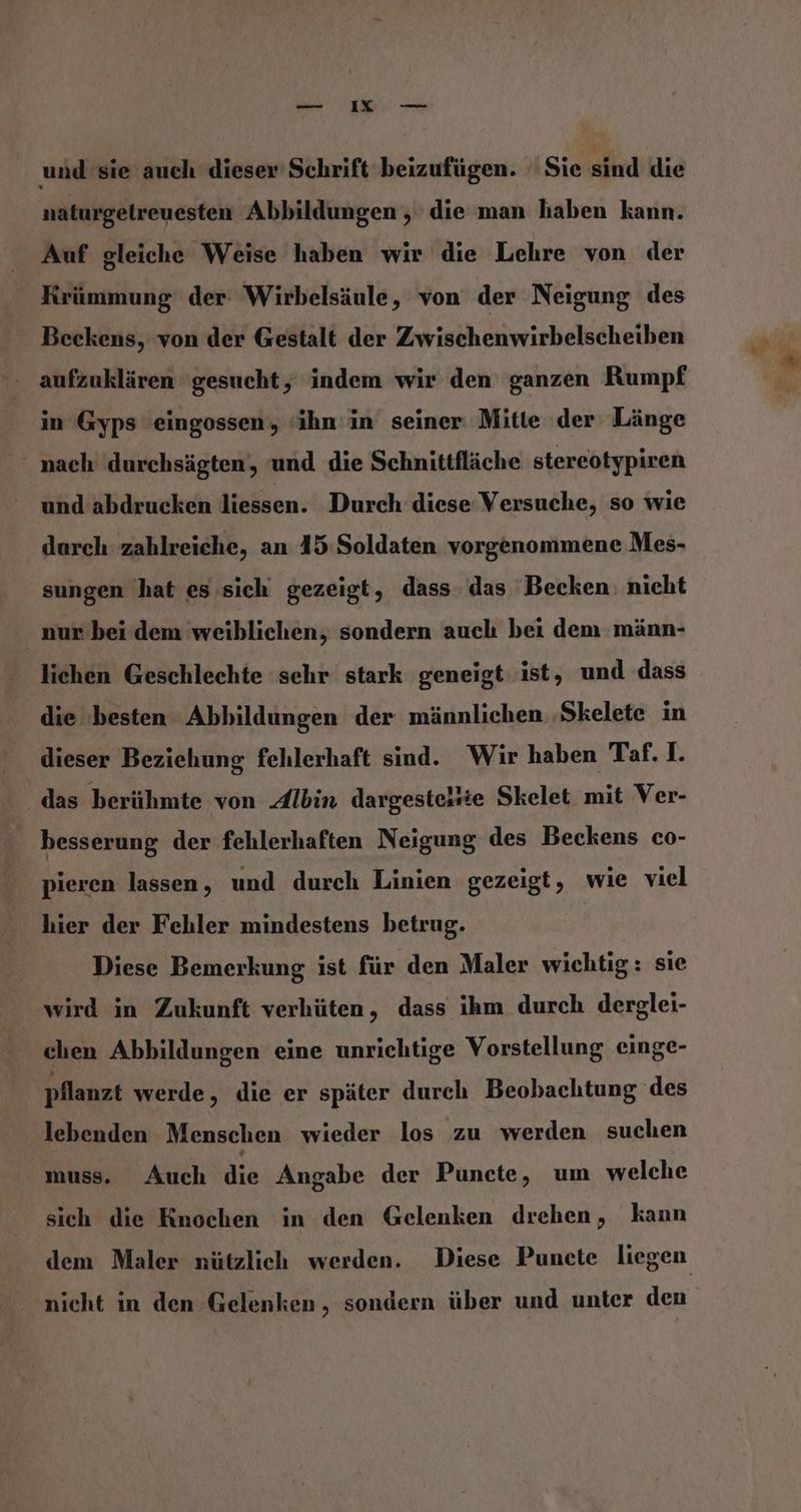 re und sie auch dieser’ Schrift beizufügen. Sie sind die naturgelreuesten Abbildungen , die man haben kann. Auf gleiche Weise haben wir die Lehre von der Krümmung der Wirbelsäule, von der Neigung des Beckens, von der Gestalt der Zwischenwirbelscheiben in Gyps 'eingossen, ‘ihn'in seiner Mitte der Länge nach durchsägten, und die Schnittfläche stereotypiren ' und abdrucken liessen. Durch diese Versuche, so wie durch zahlreiche, an 45:Soldaten vorgenommene Mes- sungen 'hat es sich gezeigt, dass das Becken: nicht nur bei dem weiblichen, sondern auch bei dem männ- lichen Geschlechte sehr stark geneigt. ist, und dass die ‚besten Abbildungen der männlichen ‚Skelete in dieser Beziehung fehlerhaft sind. Wir haben Taf.l. das berühmte von Albin dargesteitte Skelet mit Ver- besserung der fehlerhaften Neigung des Beckens co- pieren lassen, und durch Linien gezeigt, wie viel hier der Fehler mindestens betrug. Diese Bemerkung ist für den Maler wichtig: sie wird in Zukunft verhüten, dass ihm durch derglei- chen Abbildungen eine unrichtige Vorstellung einge- pflanzt werde, die er später dureh Beobachtung des lebenden Menschen wieder los zu werden suchen muss. Auch die Angabe der Puncte, um welche sich die Knochen in den Gelenken drehen, kann dem Maler nützlich werden. Diese Puncte liegen nicht in den Gelenken, sondern über und unter den
