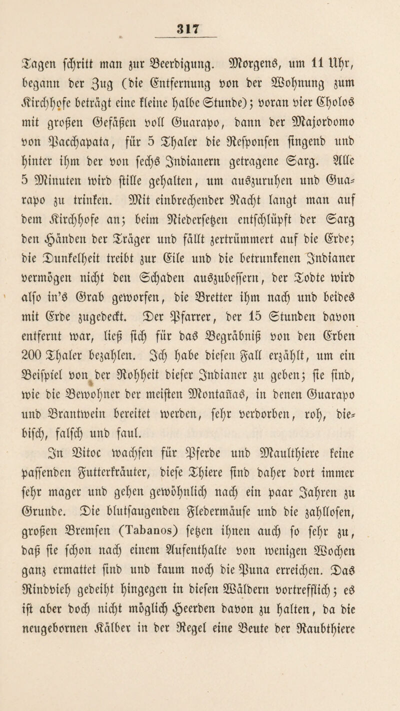 167 £)er 5lcferbau wirb auSfd)lieflid) von Snbtanent be* trieben, bie entweber ifyre eigenen gelber I;aben, ober für fargen ßofyn bie ber heftigen bearbeiten, 3m ©eptember werben bie nieder gepflügt xutb §ur 2litSfaat oorbereitet. 2)ie Cßflüge befielen auS einem langen fallen, an bem bie $flugfd)aar befeftigt ift unb aus ben beibett £eitftocfen. @ie werben oon £)d)fen gezogen, benen ber halfen auf eine !)od)ft einfache Steife an bie ferner feftgebunben ift. 3m Dftober wirb gefaet unb im 2lpril ober 50^ai geerntet; bie ©aat ift alfo wafjrenb ber naffen 3afweS§eit auf bem gelbe. 3m gebruar treten zuweilen fyeftige Üftad)tfröfte ein, bie bem ©etraibe fel)r fdjabett unb §u SD^ifernten unb Hungersnot!) Sßeranlaffung geben. ©S Serben bafyer wüprenb biefer 3^ in falten, gellen TOdjten, bie SBefürdjtungen erweden, *]3ro* cefftonen burd) alle ^Dörfer unb ©tabte oeranftaltet, um bie ©nabe beS Himmels §u erflehen, £>ft ertönen plotdtd) um 5D^itternad)t bie ©loden; an alle Raufer wirb angepod)t unb bie 23ewol)ner eilen <$ur 3tird;e, um ftd) §u foldjett feierlid)en Umzügen $u oerfammeln. 25üfenbe, in ©ade gefüllt, burd)* gieren bie ©affen unb geifein ftd), unb bie Sabianer fdjreien in iljrer ©pradje ©ebete, ©elübbe unb *Berwünfd)ungcn §um §immel auf. ©tunbenlaitg bauert ber Tumult auf ber ©träfe unb erft, wenn ber borgen graut, giepert ftd) bie 23ewol)ner mit gurd)t unb Hoffnung in il)re 2Öol)nungen gurüd, ©old)e nad)tlid)e, unerwartete ^rocefftonen l)abcn etwas ungemein ©d)auerlid)eS/ wo^u befottberS bie Snbianer* finber beitragen, bie, oielleidjt unbewuft was beim eigene lid) ber 3*^ ber ^anbluttg fei, laut l)eulenb auf ber ©träfe Ijerumlaufen, ftd) auf bie ©rbe werfen unb wie $er* ^weifelnbe geberben. 2Bcnn ber Sag beS jüngften ©erid)teS